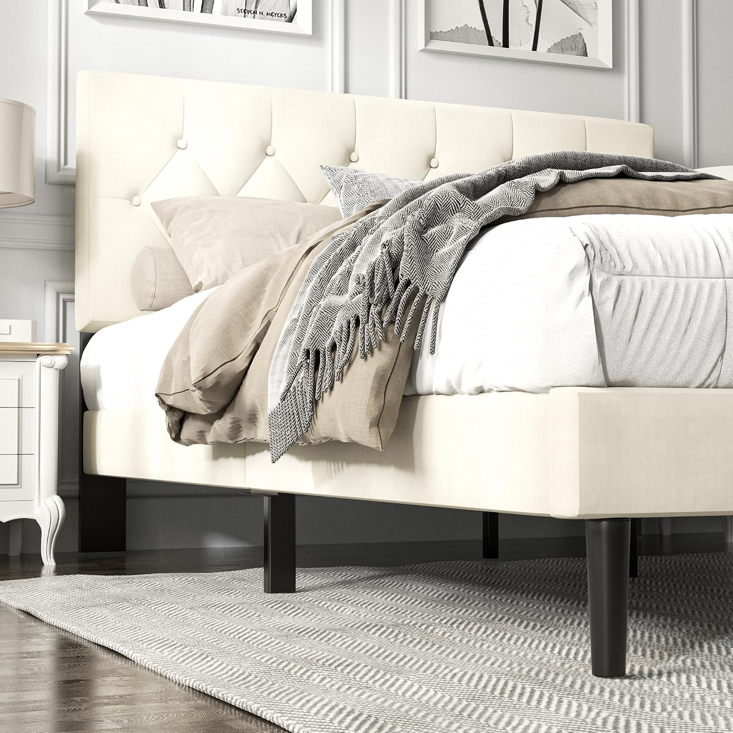 HAOARA Full Size Platform Bed Frame with Upholstered Button Tufted Headboard, Mattress Foundation with Wooden Slat Support, Noise Free, No Box Spring Needed, Easy Assembly, Beige Velvet