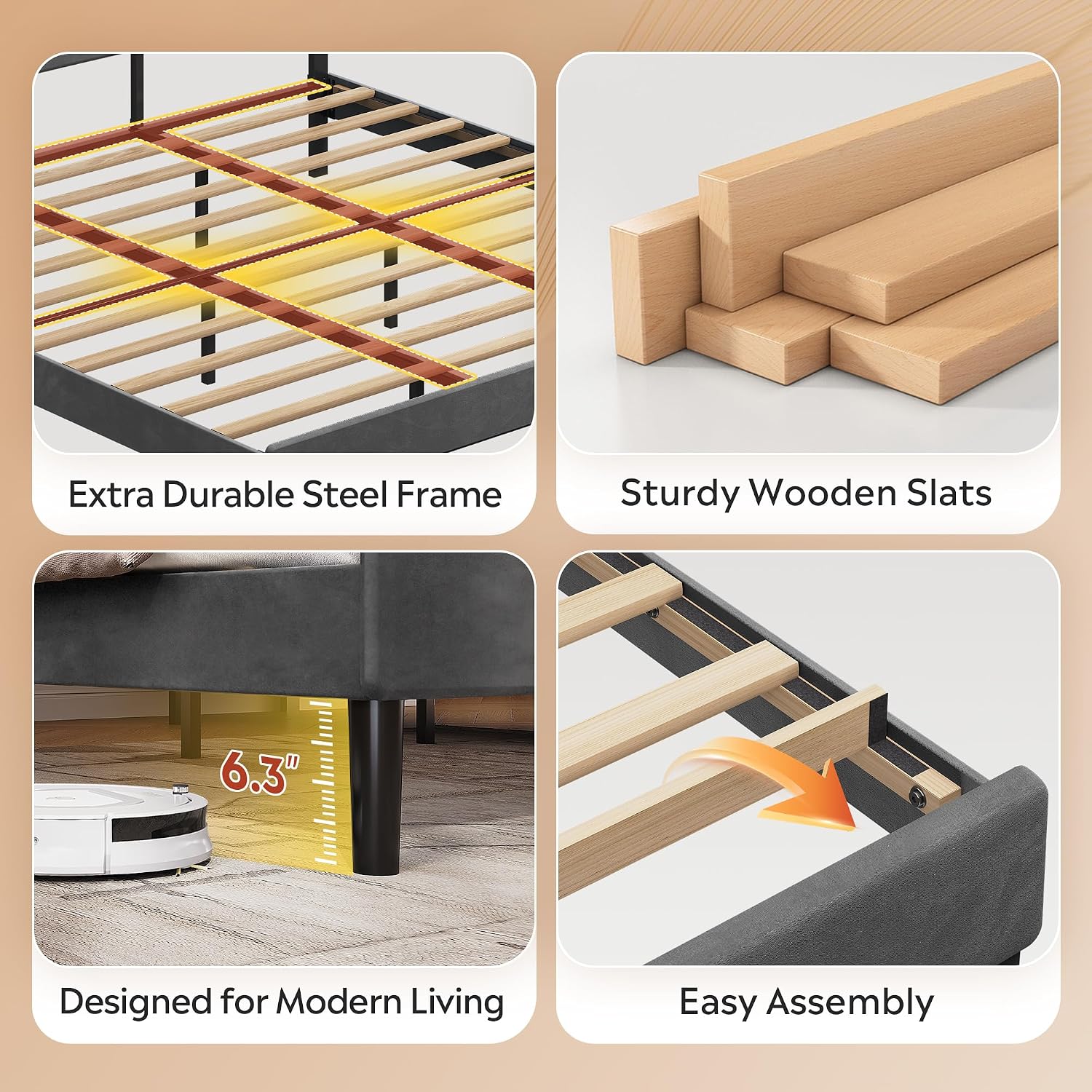 WLIVE Upholstered Bed Frame, King Size Bed Frame with Headboard, Platform Bed with Wood Slats, 1500LBS Mattress Foundation, No Box Spring Needed, Easy Assembly, Velvet Grey