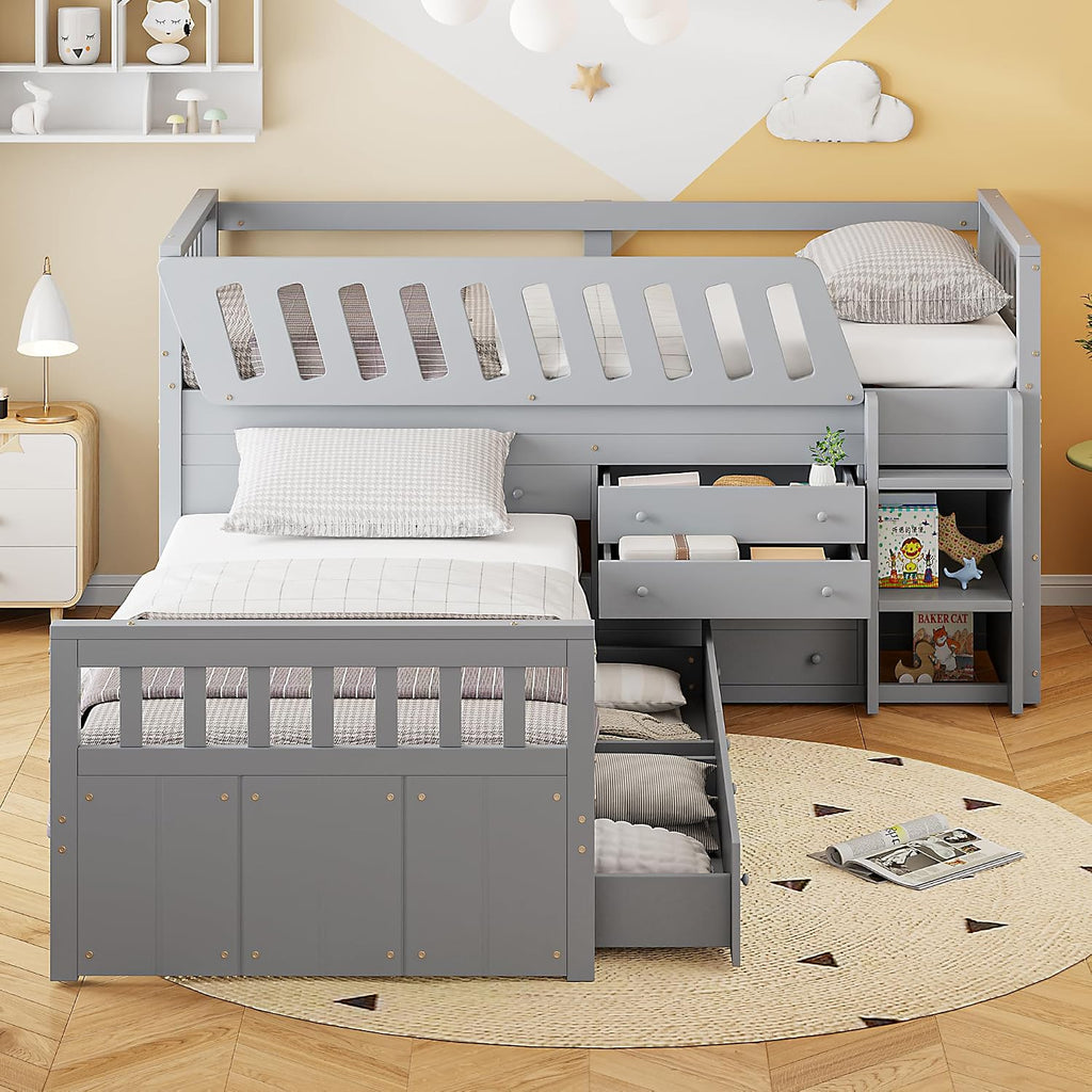 L-shaped Twin Low Loft Bed with Twin Platform Bed, Solid Wood Kids Beds Frame with 7 Drawers and Full Guardrails for Boys Girls, 2 Beds in 1 Design (Gray-L2B)