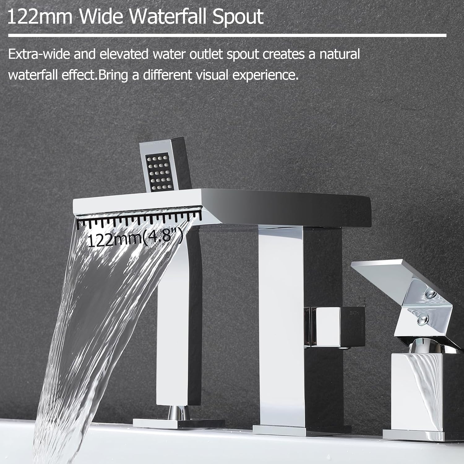 Waterfall Roman Tub Faucet with Hand Shower, Deck Mount Tub Filler Bathtub Faucet with Sprayer, Brass Widespread 3 Hole Bathtub Shower Faucet Set, Chrome
