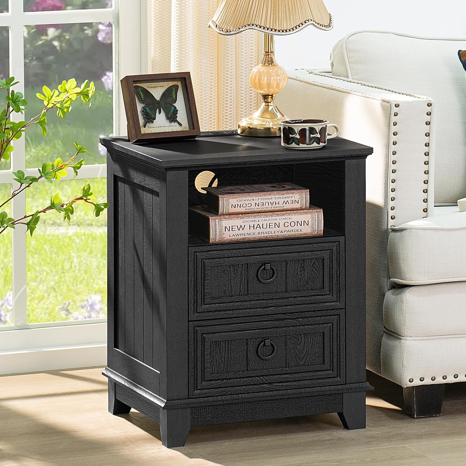 Joaxswe Farmhouse Furniture Set, Nightstands Set of 2 and 6 Drawers Dresser for Bedroom, 54 Inch Wide Wood Dresser and 18' Night Stands with Charging Station for Bedroom, Living Room, Hallway