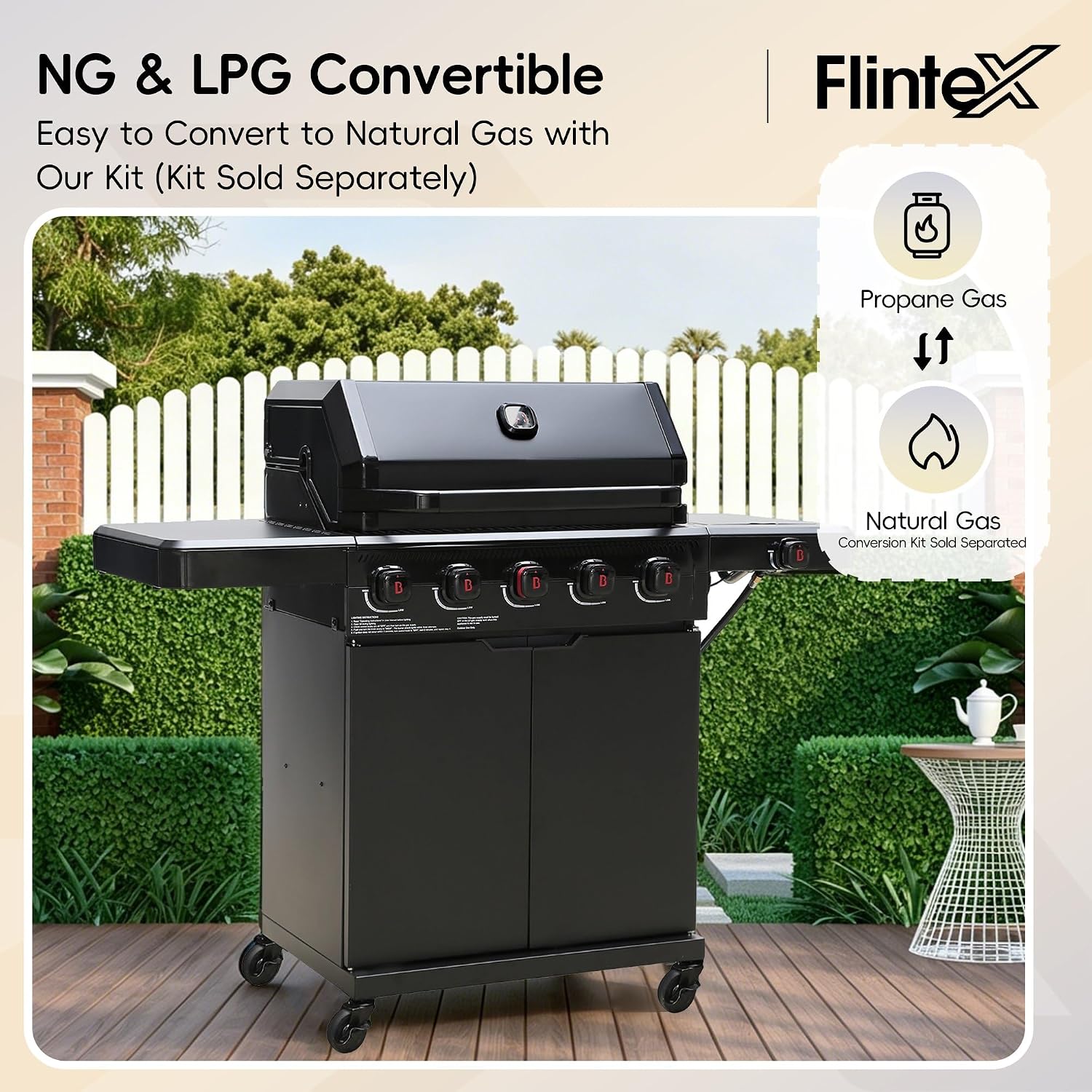 Flintex 5-Burner Propane/Natural Convertible Gas Grill with Infrared Searing Side Burner, Outdoor BBQ Grill with 60000 BTU Output,Enameled Cast Iron Grates & Griddle for Barbecue