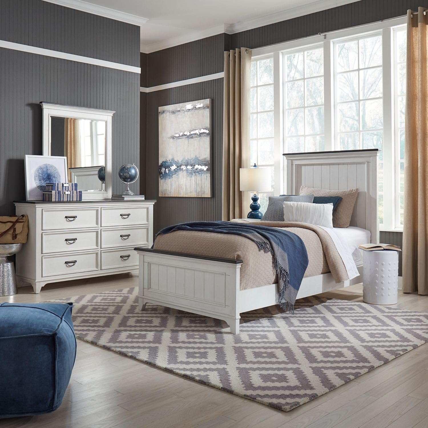 Liberty Furniture Allyson Park Full Panel Bed, Dresser & Mirror Cottage Youth Bedroom Furniture Set - Wirebrushed White w/Charcoal Tops