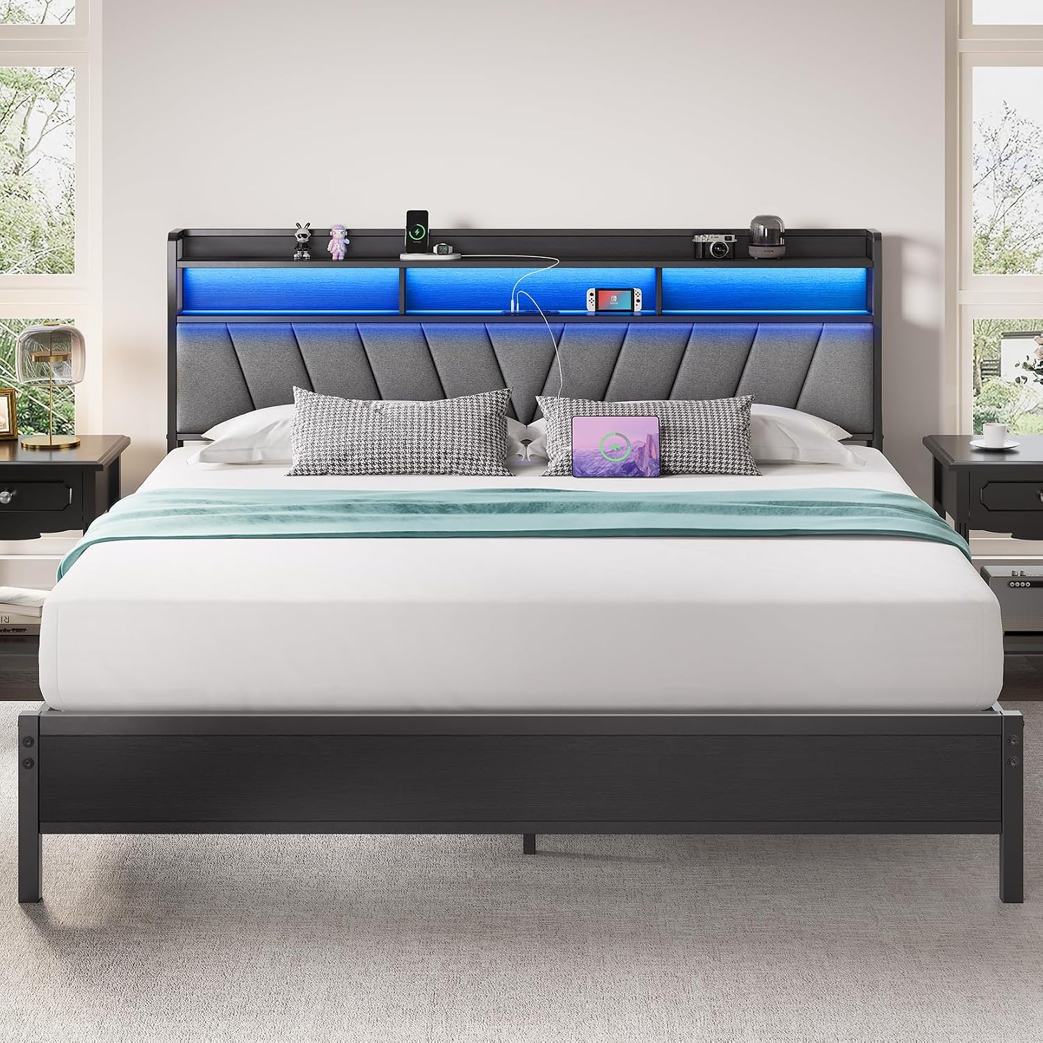 King Bed Frame with Wood Headboard, Metal Platform Bed with LED Lights & Charging Station, 2-Tier Storage Shelves, Sturdy and Easy Assembly, Under Bed Space, No Box Spring Needed, Noise Free, Black