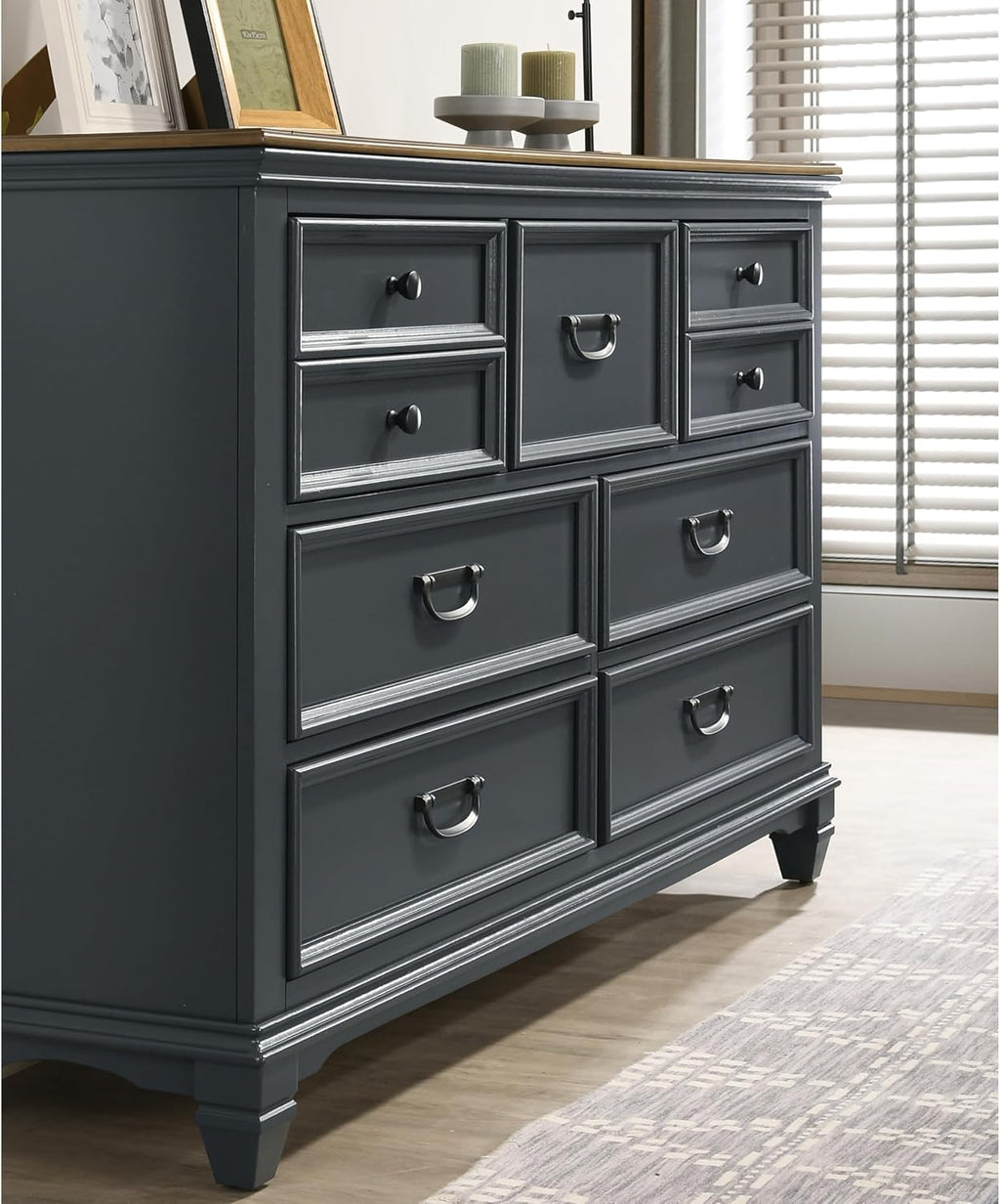 Roundhill Furniture Riverton Wood Bedroom Set with Shiplap Panel Queen Bed, Dresser, Mirror, and Two Nightstands in Slate Blue