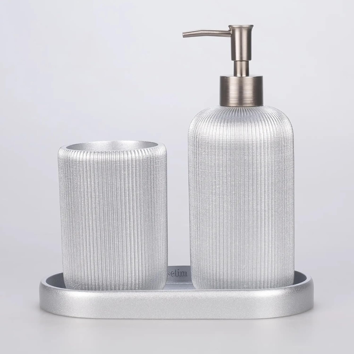 Lydia Collection 5-Piece Resin Bathroom Accessories Set – Toilet Brush Holder, Waste Bin, Soap Dispenser, Tray & Toothbrush Holder (Silver)