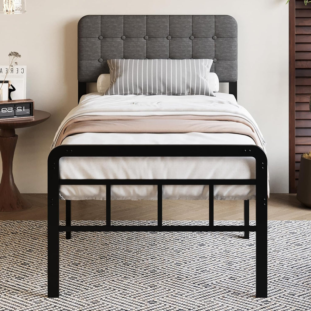 18 Inch Twin XL Bed Frame with Upholstered Headboard and Footboard, Heavy Duty Metal Slats, with Under Bed Storage, No Noise, No Box Spring Needed, Easy Assembly, Black