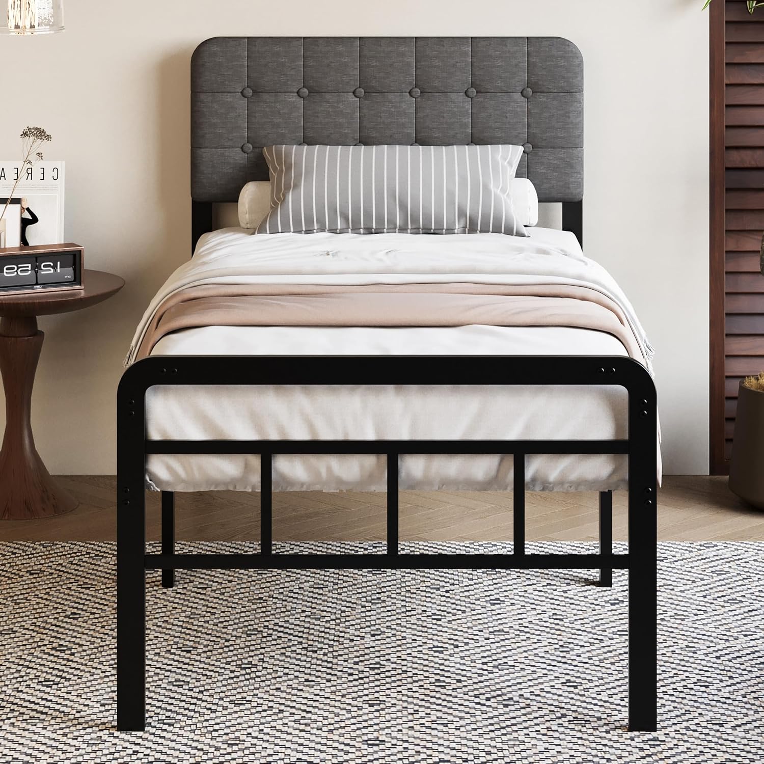 18 Inch Twin XL Bed Frame with Upholstered Headboard and Footboard, Heavy Duty Metal Slats, with Under Bed Storage, No Noise, No Box Spring Needed, Easy Assembly, Black