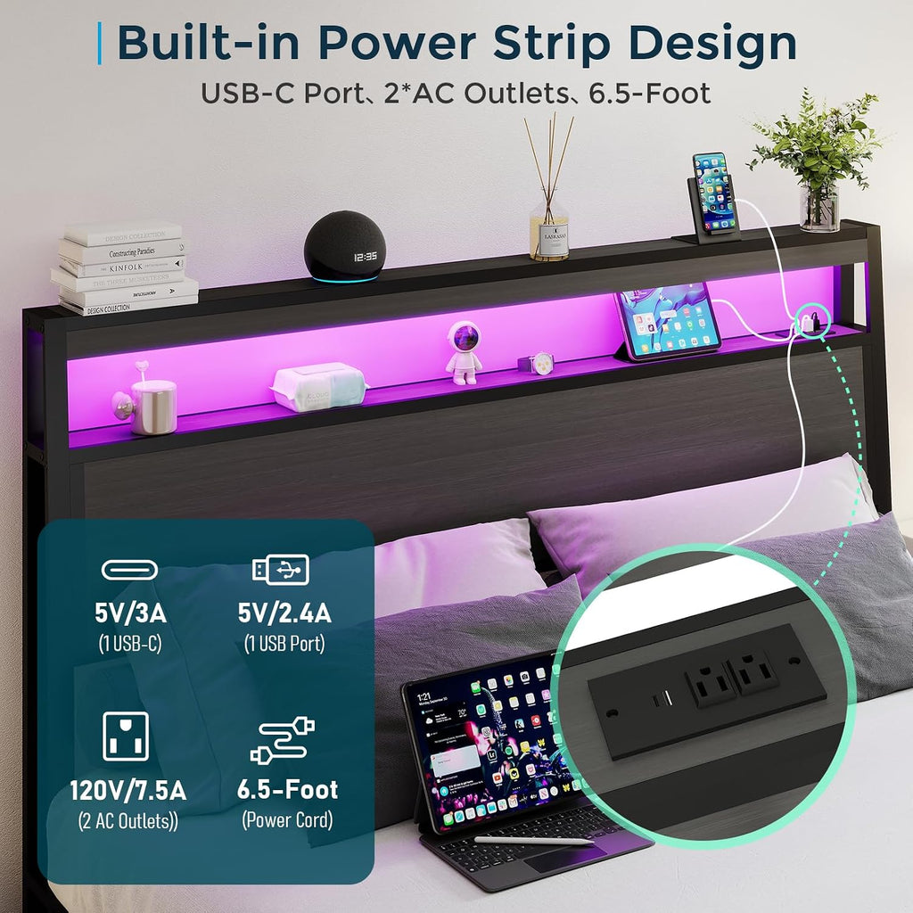 SADENICEL Queen Bed Frame with Storage Headboard and 4 Drawers, Metal Platform Bed Frame with LED Light, Charging Station, No Box Spring Needed, Noise Free, Easy Assembly, Rustic Grey