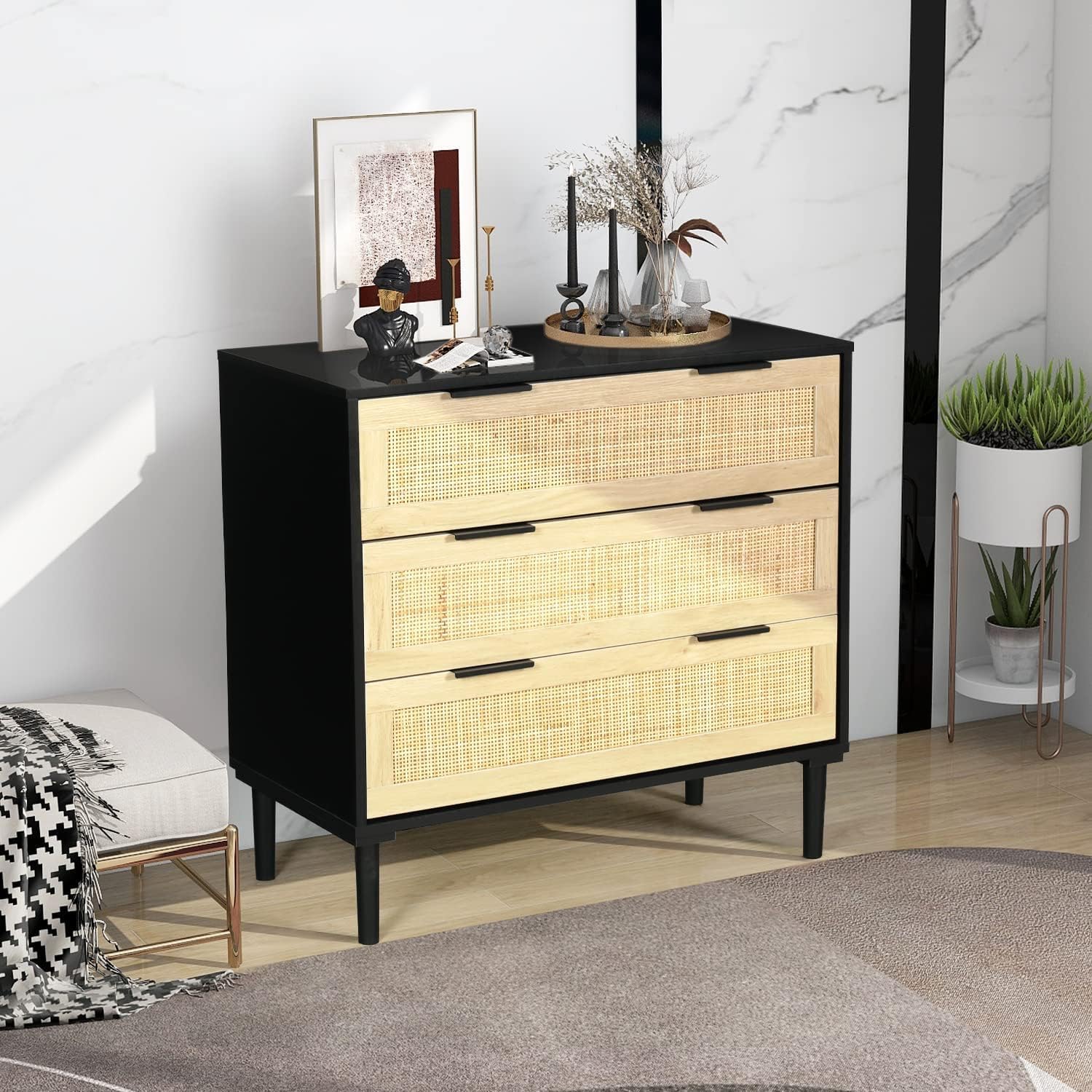 HOPUBUY Large Nightstand with Rattan Drawer, Modern 3 Drawer Night Stand for Bedroom, Wooden Bedside Table for Queen Size and King Size Bed, Black