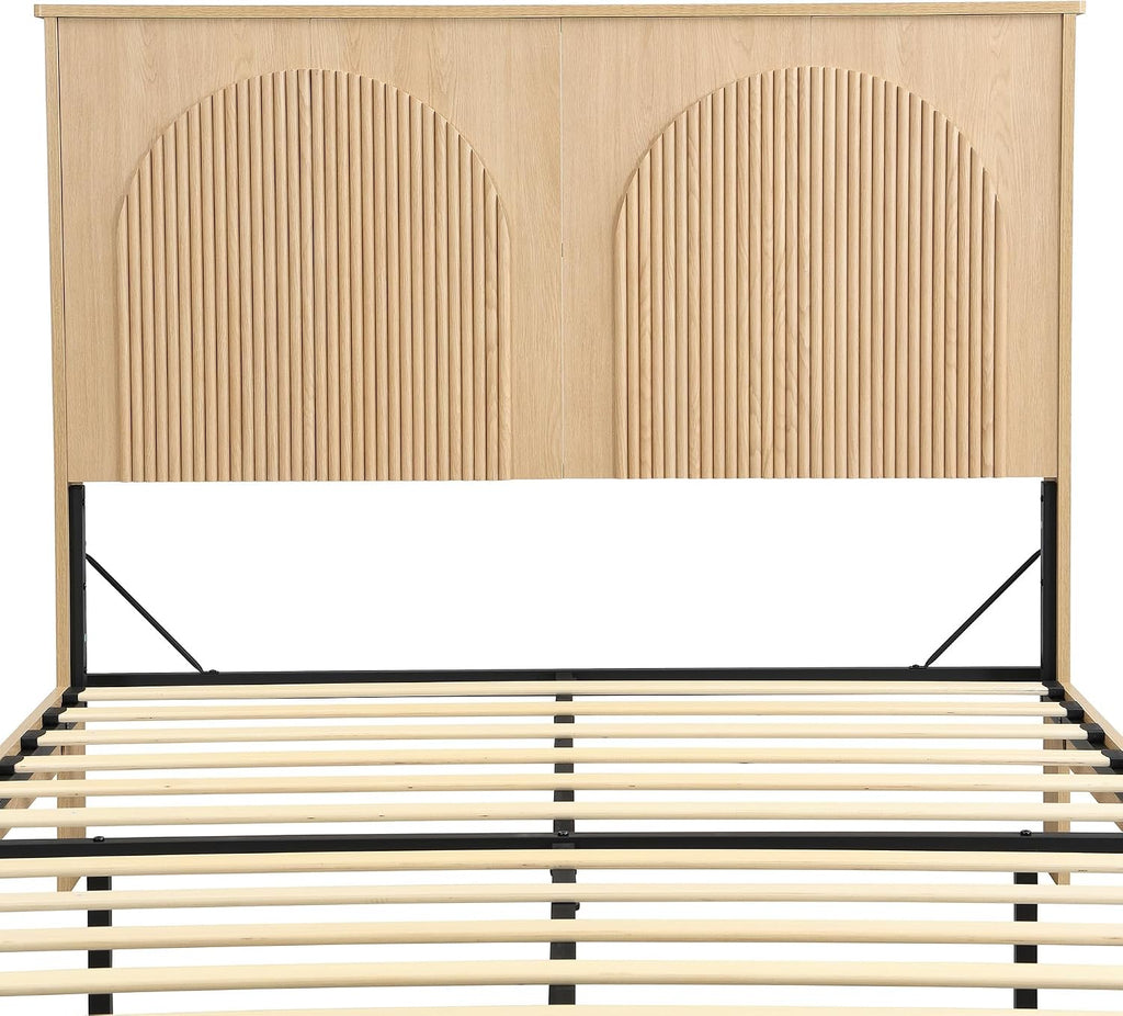 XIAO WEI Fluted King Bed Frame with 52.4' Tall Headboard, Bed Frame with Storage Drawers,Wooden Bed Frame with 8' Underbed Storage, No Box Spring Needed,Natural
