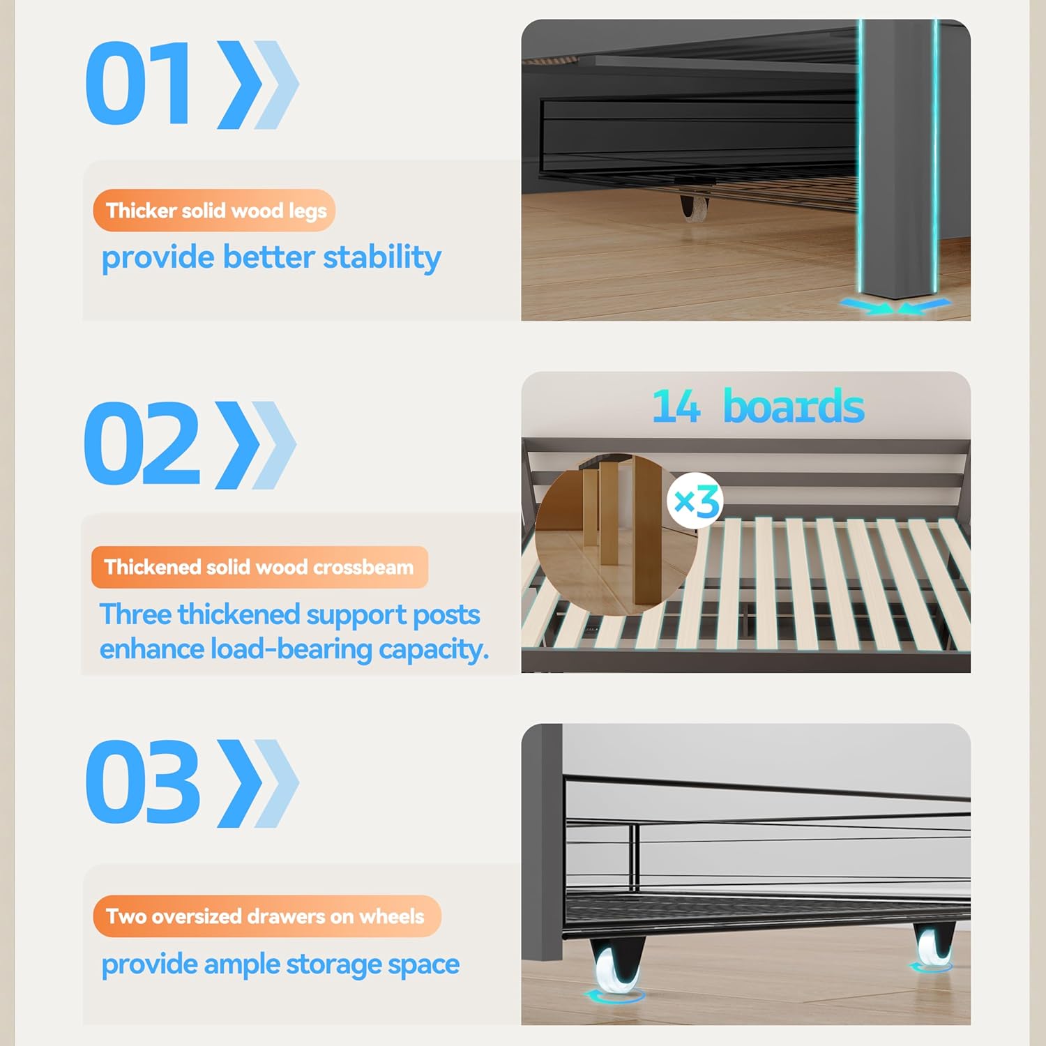 FJTJBSI Solid Wood Bunk Bed with Charging Station and LED Lights Detachable Bunk Bed Twin Over Twin with 2 Storage Drawers Full Size Bed Frame with Guardrail and Ladder for Kids Adults Bedroom