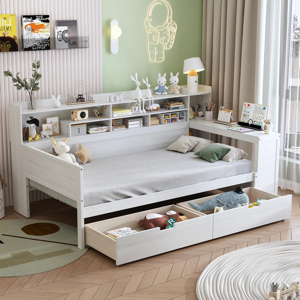 Twin Size Daybed with Desk,Storage Drawers and Shelves, Pine Wood Captains Bed Frame with Bookcase and Headboard for Kids Boys Girls Teens, Antique White