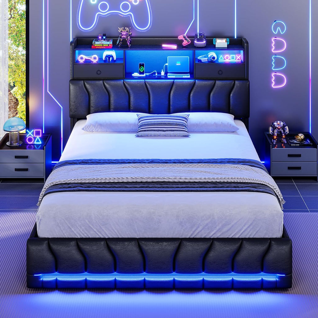 DICTAC Full Bed Frames with Storage Headboard and 2 Large Drawers, Gaming Bed with RGB Lights and Charging Station, Leather Upholstered Platform Bed, Esports-Style Bed, No Box Spring Needed, Black