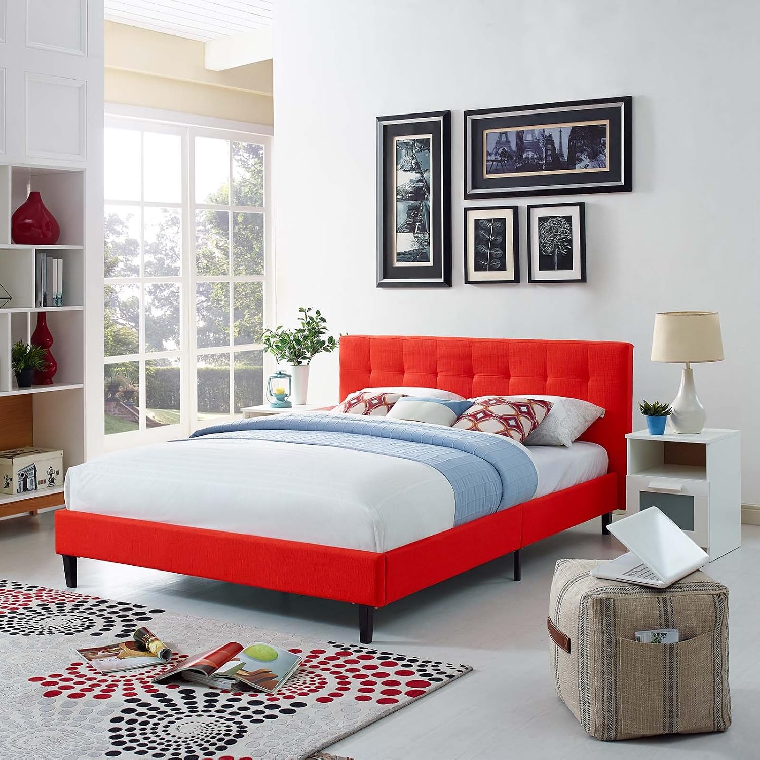 Modway Linnea Upholstered Atomic Red Full Platform Bed with Wood Slat Support