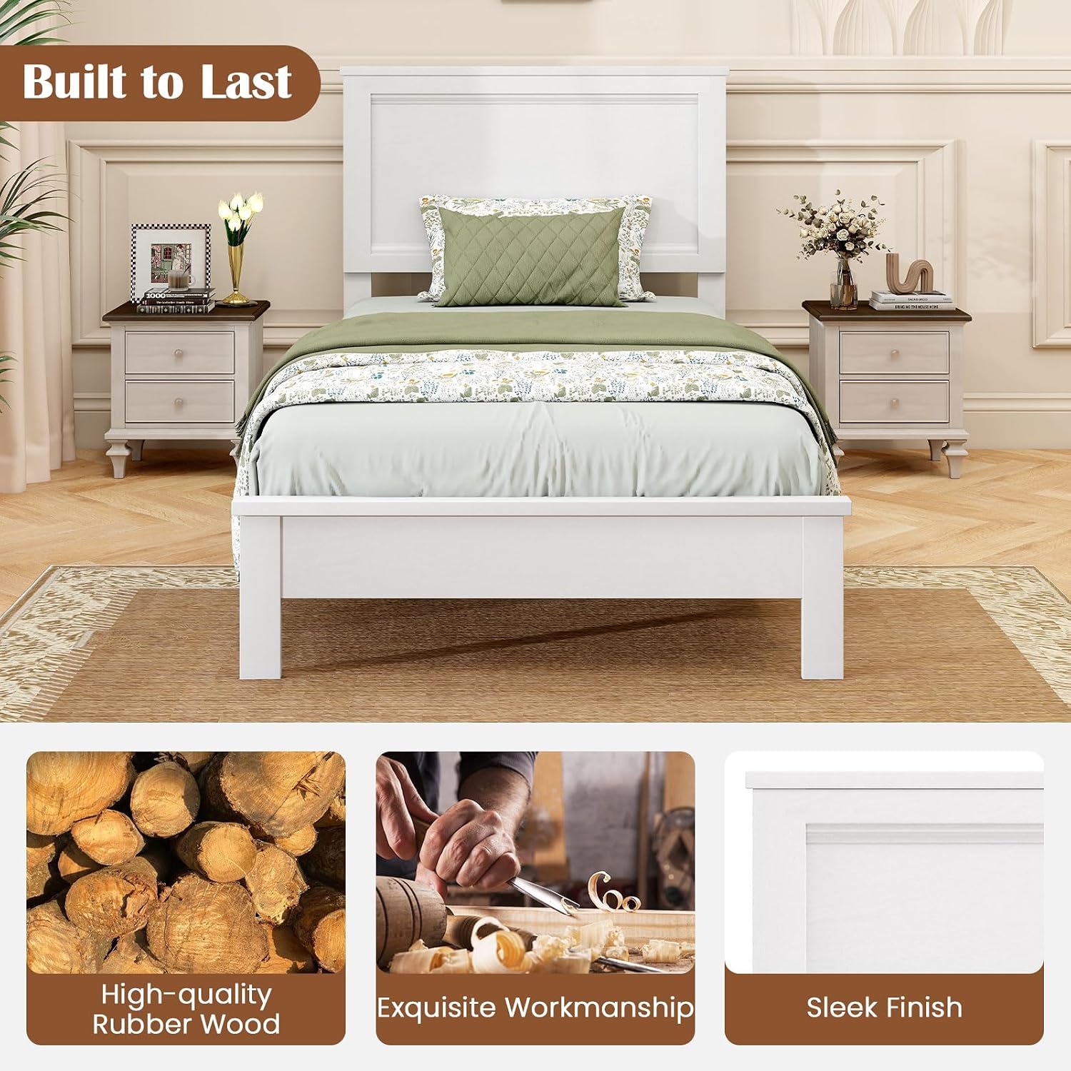 GOFLAME Twin Size Wood Bed Frame, Mid-Century Modern Platform Bed with Headboard, Solid Wood Legs, Mattress Foundation with 12 Wooden Slats, No Box Spring Needed, White