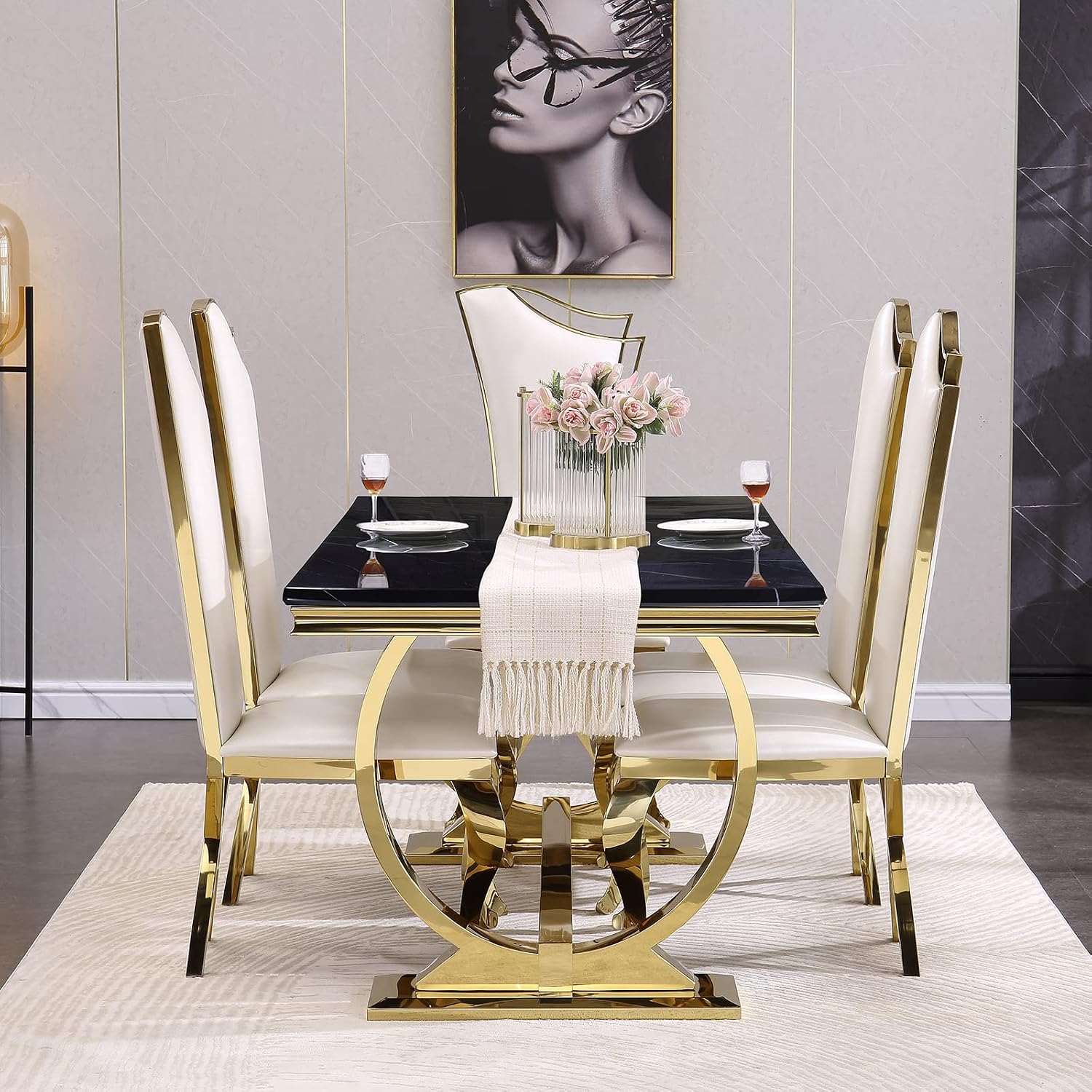 ACEDÉCOR 7 Piece Dining Table Set for 6, Gold Kitchen and Dining Room Table Set with U-Shaped Base Dining Table and 6 White Leather Upholstered Dining Chairs