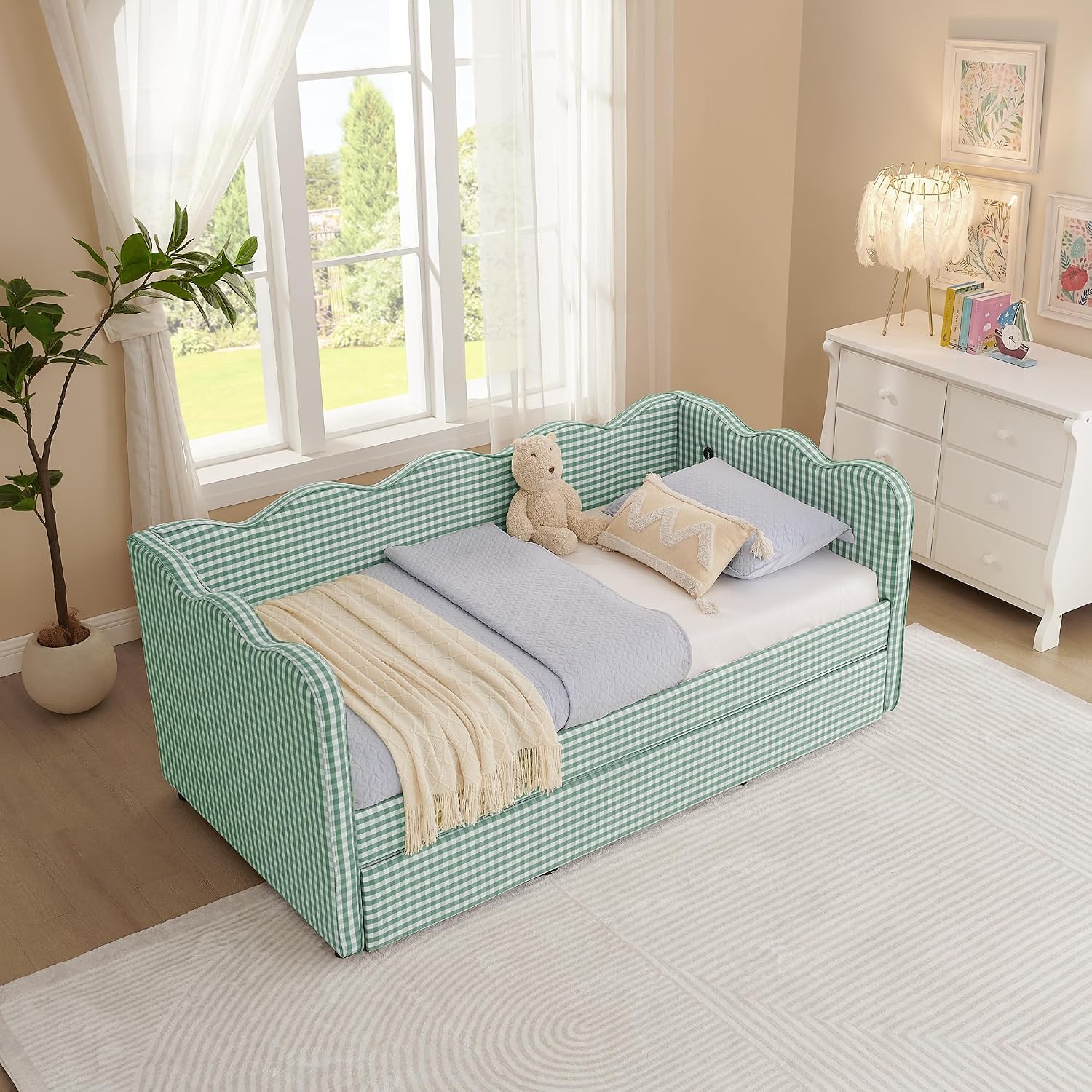 DEINPPA Twin Size Upholstered Daybed with Trundle, Gingham Daybed with USB Ports for Bedroom Living Room Guest Room-Cyan
