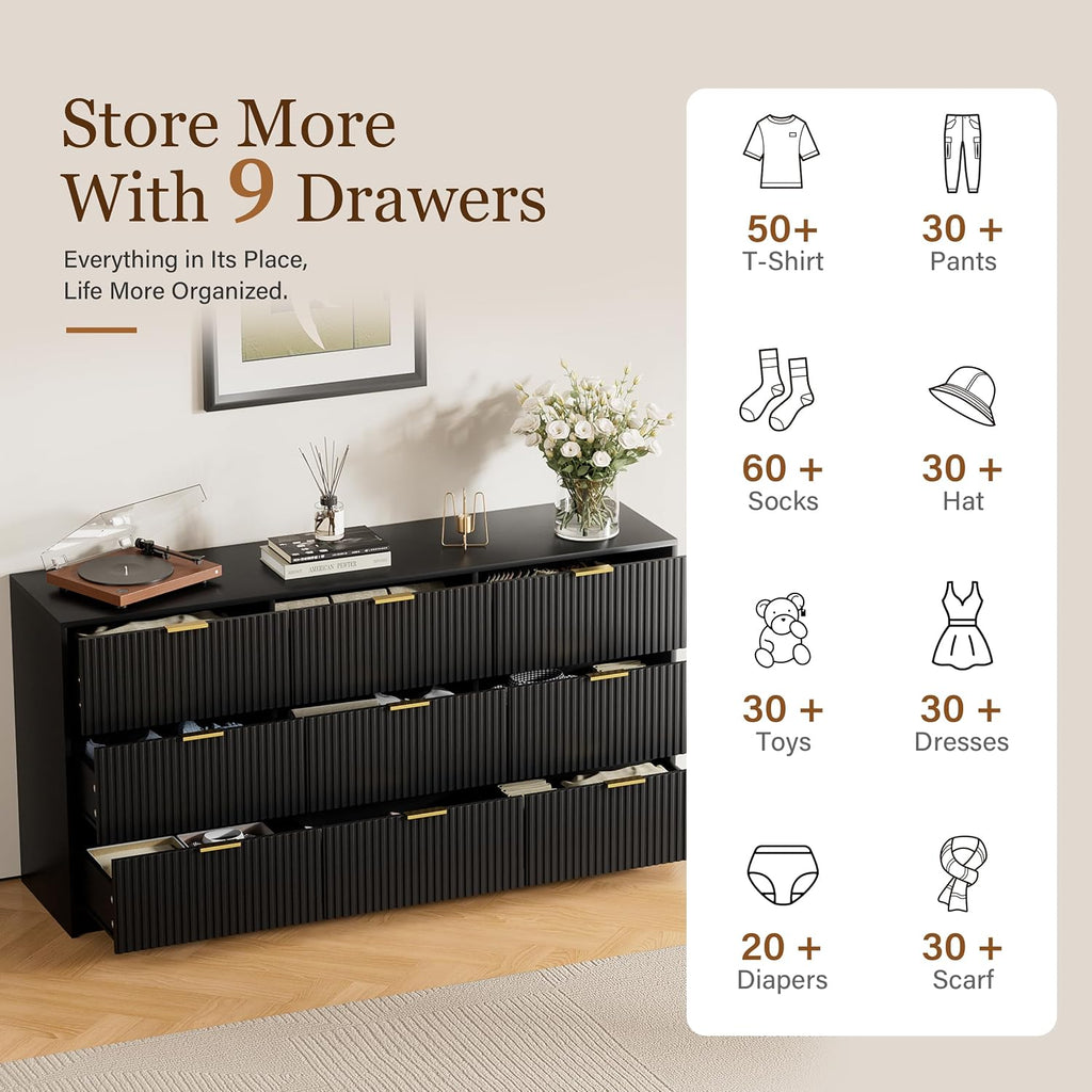 Furniway Black Dresser for Bedroom, Modern Dresser with 9 Drawers and Smooth Slides, Wide Chest of Drawers with Golden Handles for Bedroom, Living Room, Closet, 15.7' D x 63' W x 31.5' H