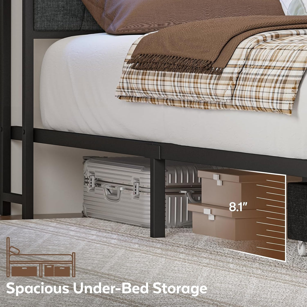 Twin Corner Bed Frame with Storage Drawers, Modern Daybed with LED Lights and Charging Station, Metal Twin Platform Bed Frame with Linen Upholstered Guardrail for Dorm Bedroom, Gray