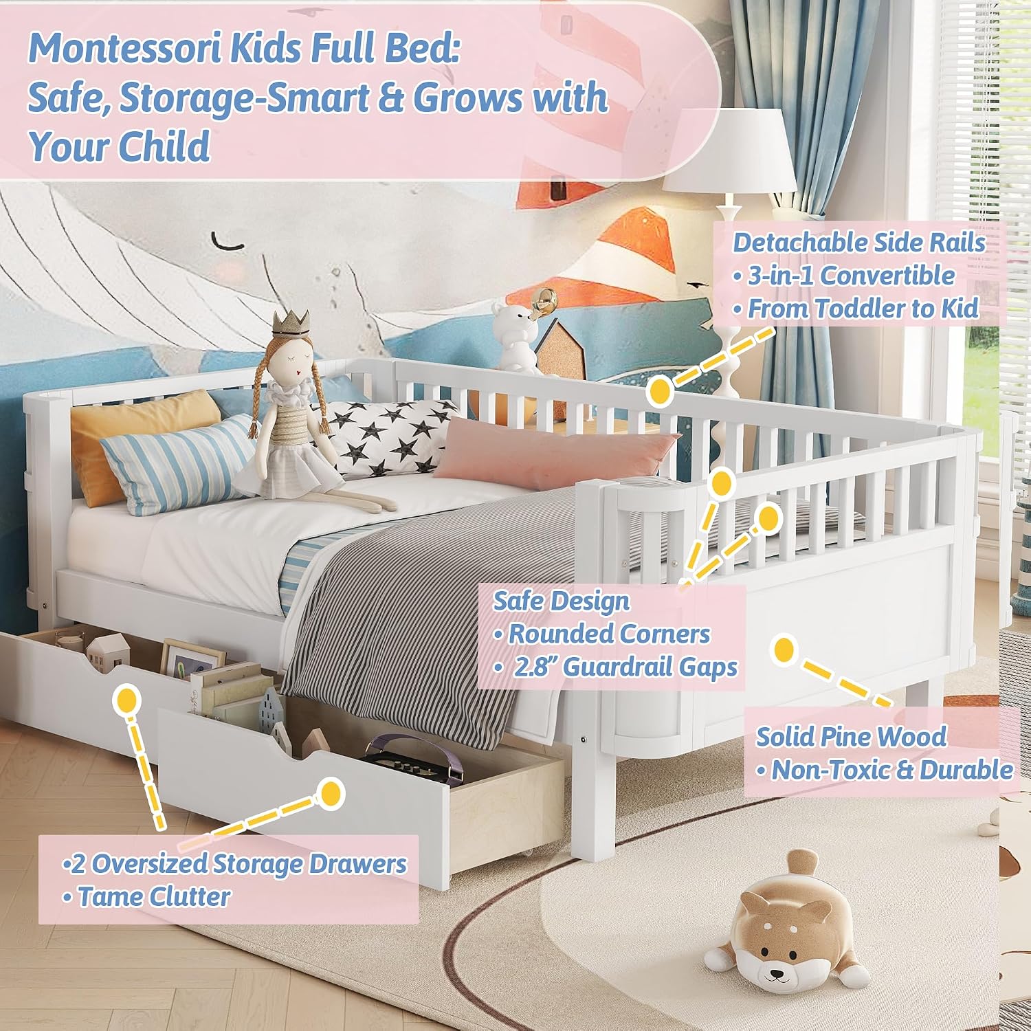 Twin Kids Bed with Storage Drawers & Rails, Wood Low Montessori Beds with Detachable Side Rails & Slats, Modern Daybed for Boys Girls Bedroom, Kids Twin Platform Bed, White