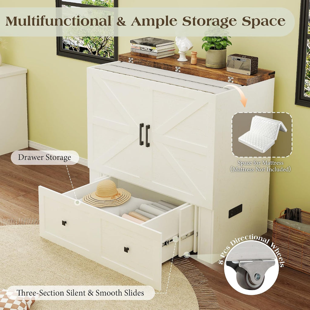 LUXOAK Twin Murphy Bed with Built-in Charging Station and Storage Drawer, Farmhouse Foldable Cabinet Bed for Guest Room, Apartment or Home Office, White