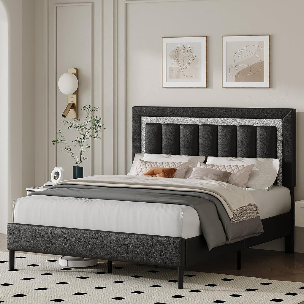 HOMBCK Queen Size Bed Frame with Headboard, Bed Frame Queen with Diamond Vertical Design,Platform Bed Frame with Faux Leather Upholstered,Wooden Slats - No Box Spring Needed, Black