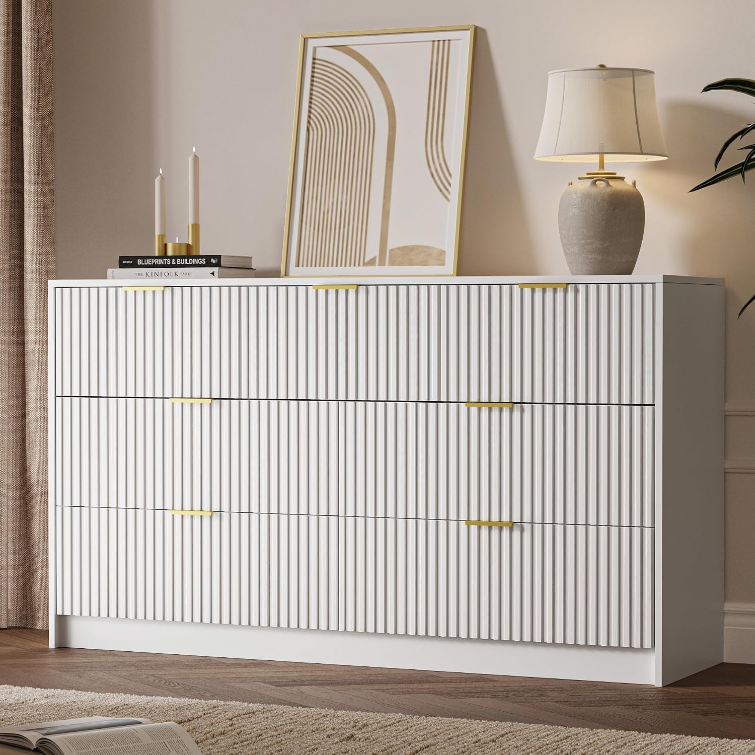 MAISONARIA 3-Piece Dresser Bedroom Set, 7 Drawer Dresser & 3 Drawer Nightstands with Gold Handles, Fluted Wood Chest of Drawers for Bedroom, Living Room, Entryway, White