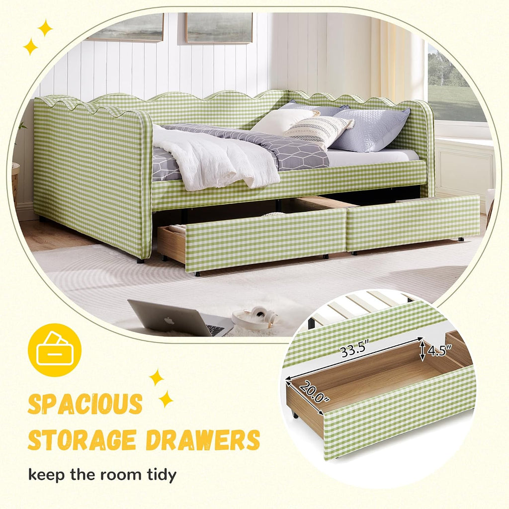 DEINPPA Queen Size Upholstered Daybed with 2 Storage Drawers, Gingham Daybed with USB Ports for Bedroom Living Room Guest Room-Green
