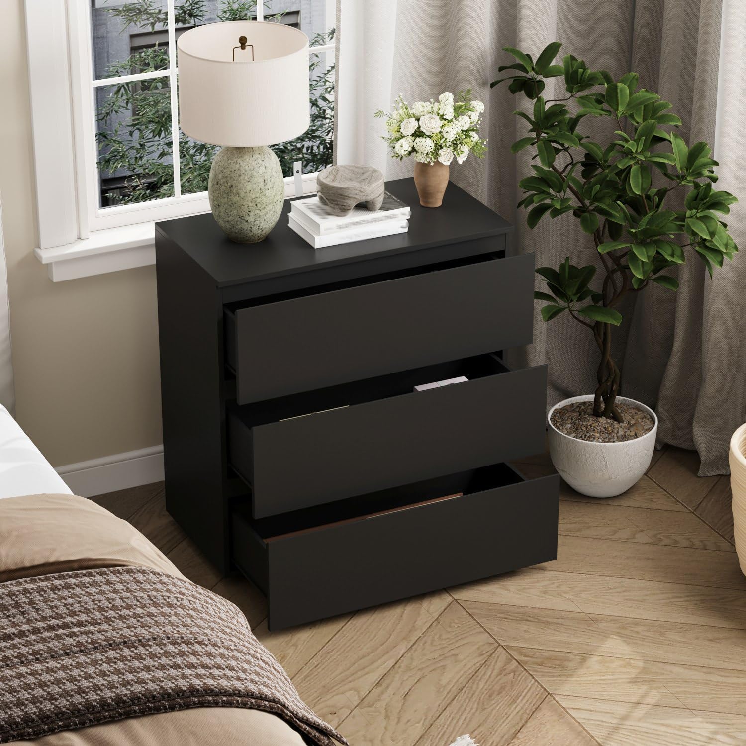 Bed Side Tables Bedroom Set of 2, Mid Century Modern Night Stand with Drawers for Bedroom, 30.3'W Bedside Tables with Drawers and Concealed Handle, Bedside End Tables for Living Room, Black