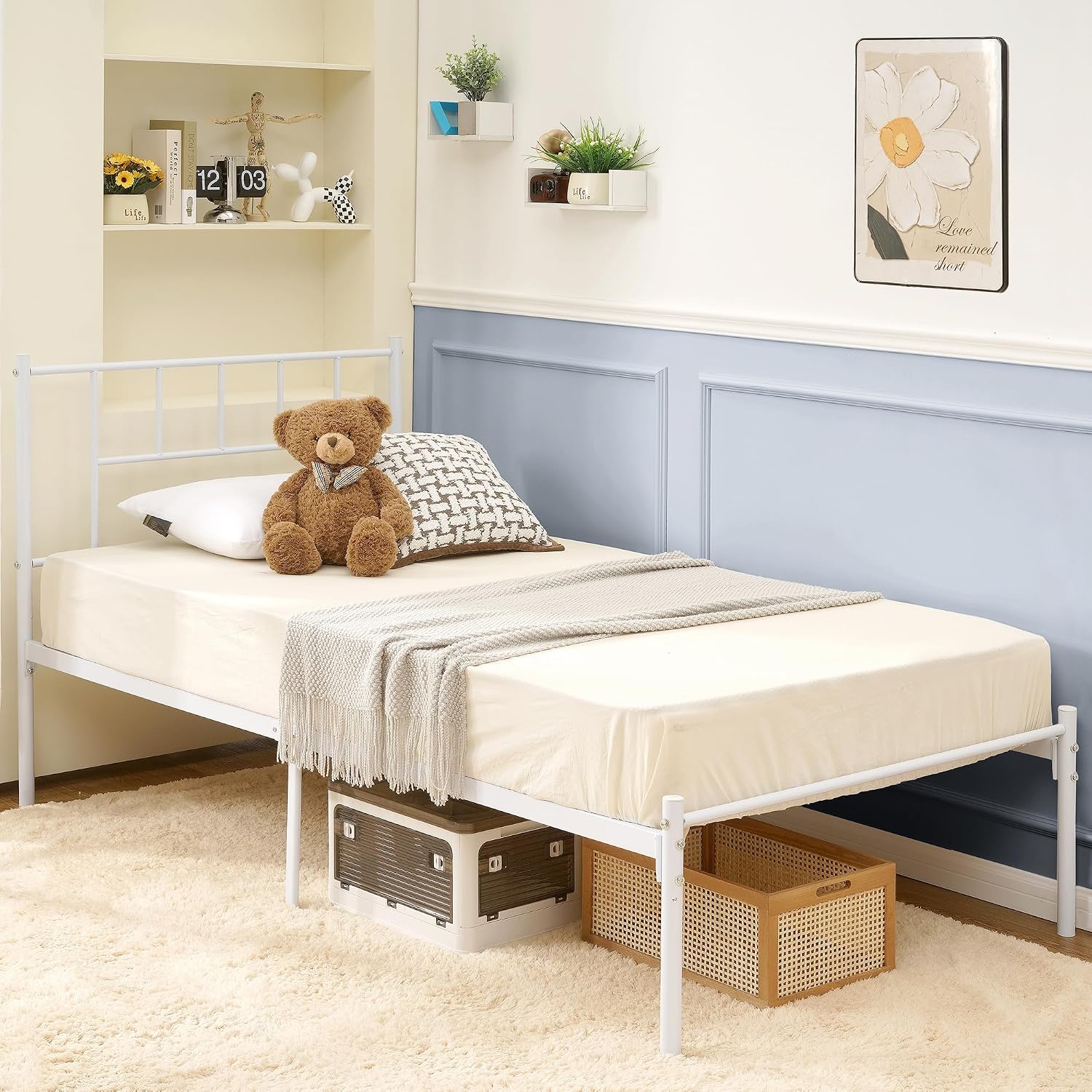 VECELO Twin Metal Platform Bed Frame with Headboard, Heavy Duty Steel Slats, No Box Spring Needed,Easy Assembly, Modern Minimalist Design, 2 PCS