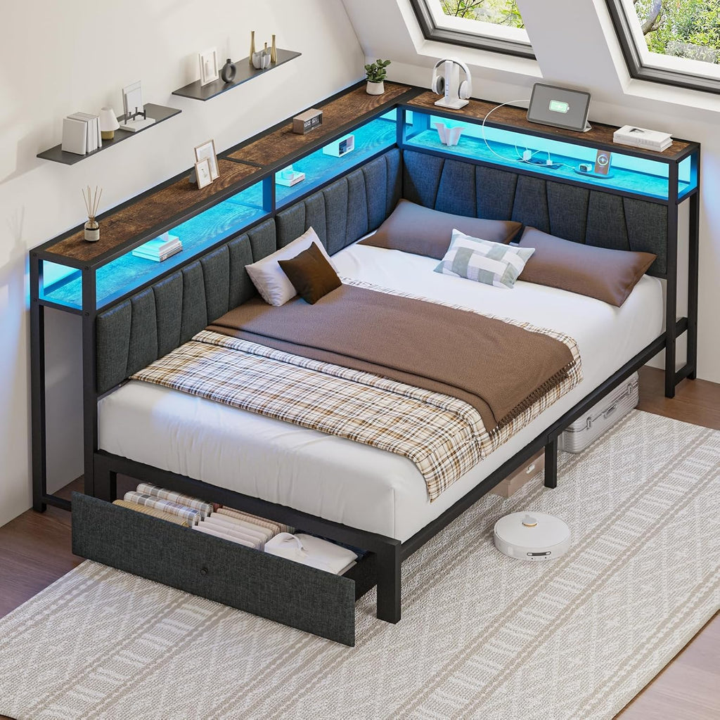 Twin Corner Bed Frame with Storage Drawers, Modern Daybed with LED Lights and Charging Station, Metal Twin Platform Bed Frame with Linen Upholstered Guardrail for Dorm Bedroom, Gray