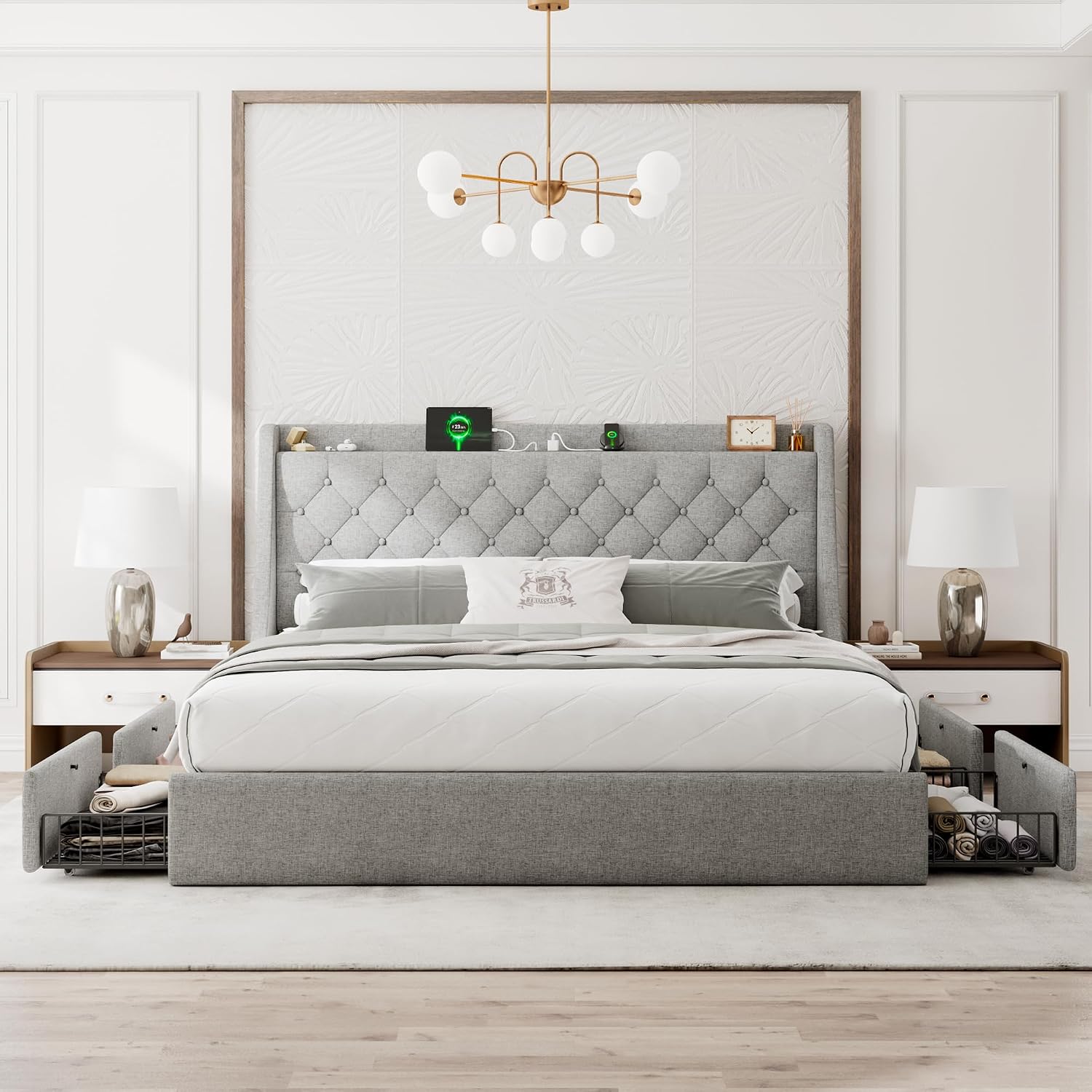 Einhomn Upholstered King Size Bed Frame with 4 Storage Drawers, Modern Platform Bed with Wingback Headboard, Charging Station, No Box Spring Needed, Light Grey
