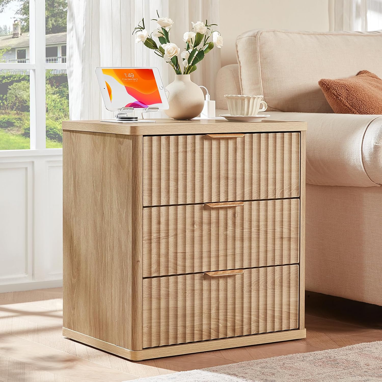 LEYAOYAO Fluted Dresser and 3 Drawers Nightstand Set of 2, Wood 48' Wide Dresser & 23' Night Stand with Charging Station, 3 Piece Bedroom Furniture Set, Chest of Drawers for Home,Living Room,Wood