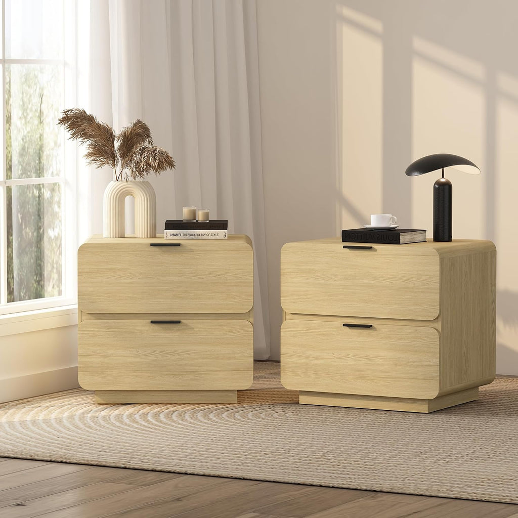 Manhattan Comfort Chrystie Fluted Nightstand 26' Bedside Table with 2 Full Extension Drawers and Metal Handles, Rounded Corners, Wood Grain Finish, Set of 2 for Bedroom or Living Room in Natural