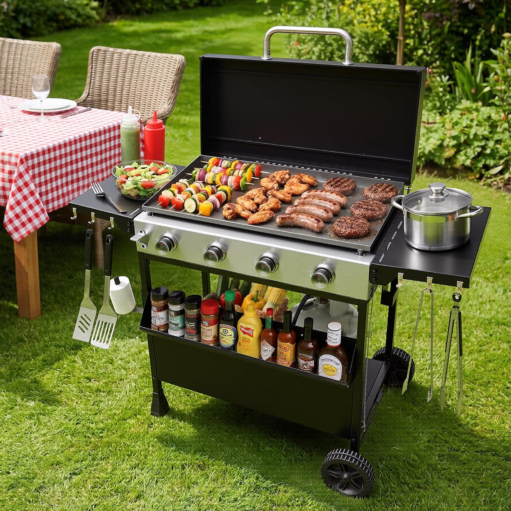 4-Burner Propane Griddle Grill with Removable Cart, 32,000 BTU Portable BBQ Gas Griddle with Iron Griddle Pan & Side Table, Spice Rack, Outdoor Flat Top Grills with Hooks for Backyard