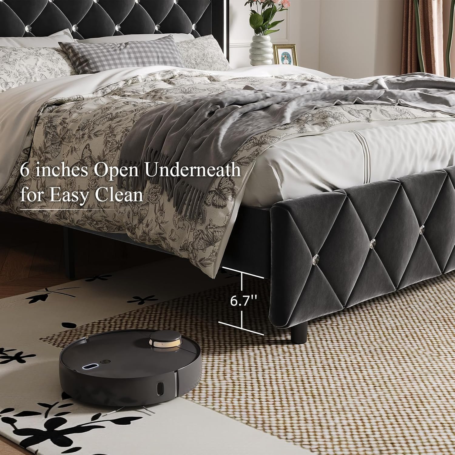 HOMBCK Full Size Bed Frame with Headboard, Velvet Upholstered Full Size Bed with Diamond Tufted Wingback Headboard, 800lbs Heavy Duty Support, Sliver Metal Edge Accents, No Box Spring Needed, Black