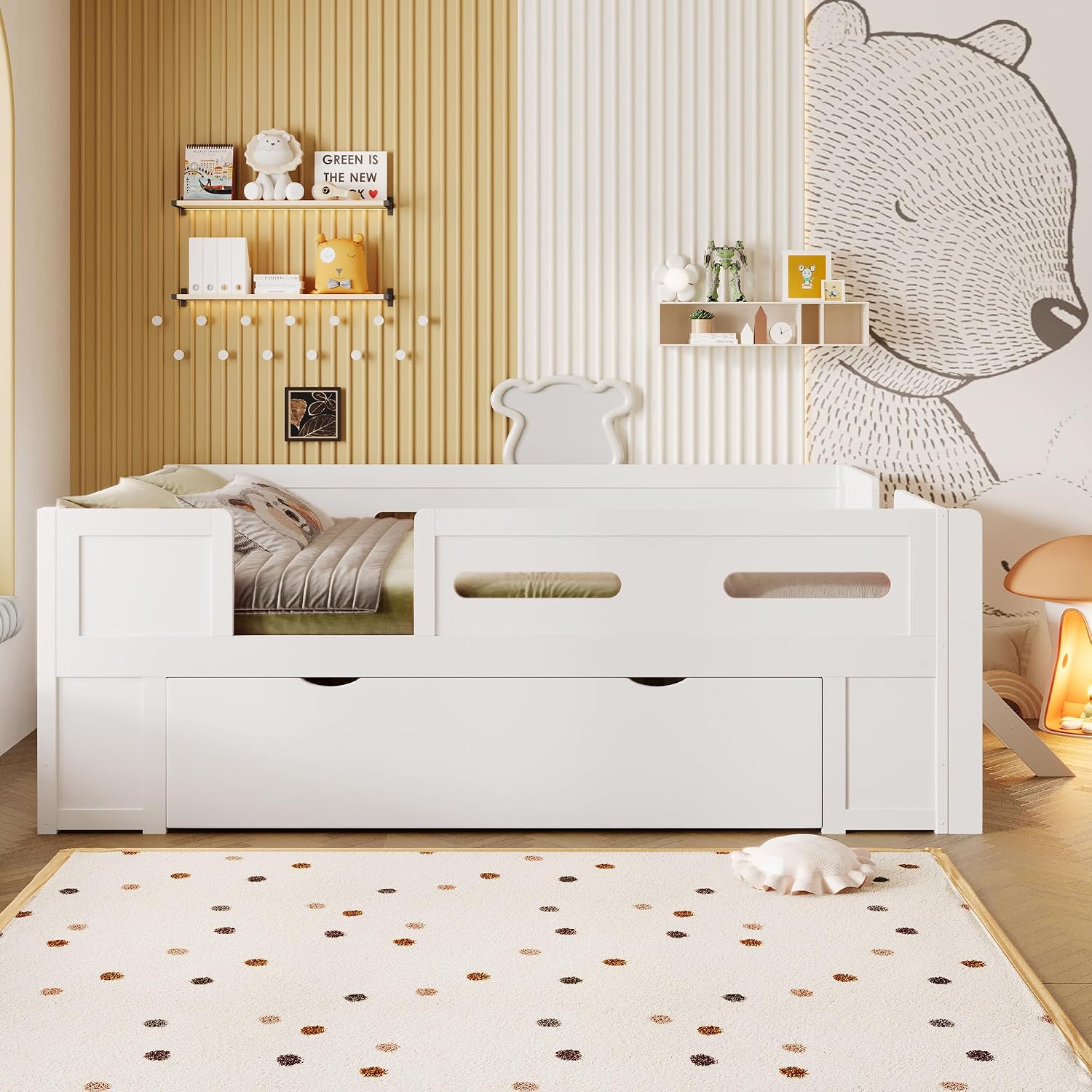 VilroCaz Modern Twin Size Platform Bed with Guardrail and Large Drawer, Wood Kids Platform Bed Frame with Two-Step Ladder for Boys Girls, Sturdy Slats Support (White-1.12T)