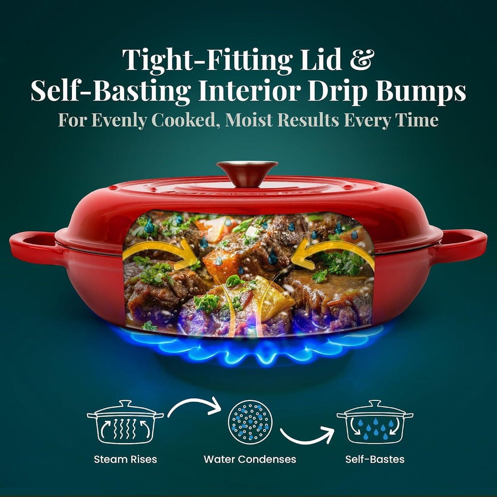 Larder & Vine Enameled Cast Iron Braiser | 3.6 qt Braiser Pan with Lid | Shallow Dutch Oven Compatible on All Cooktops | Casserole Dish Oven Safe to 500° F | Dual Handles | Cabernet