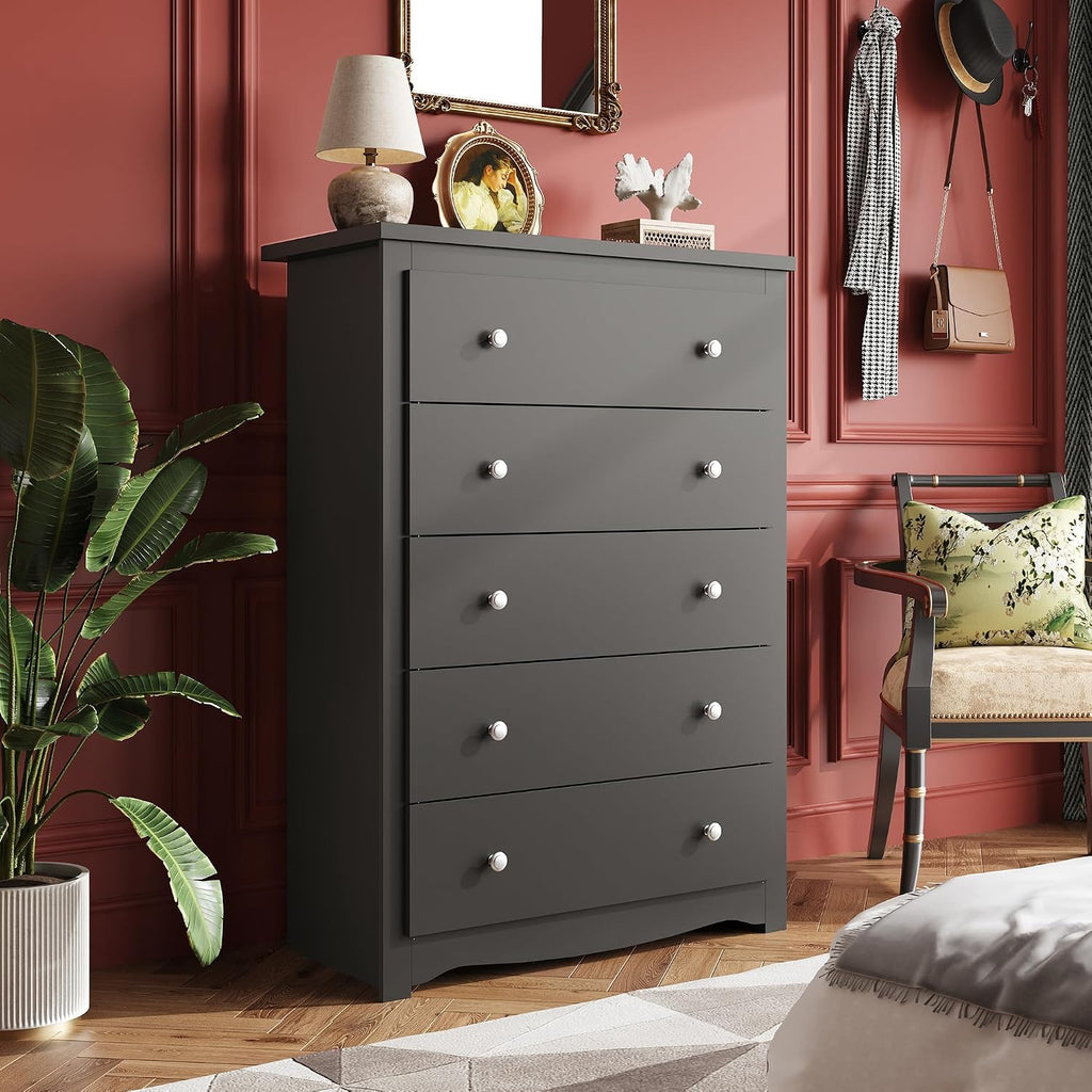WLIVE Wooden Dresser with 5 Drawers, 45' Tall Black Dresser for Bedroom, Chest of Drawers, Storage Cabinet and Organizer Drawers for Living Room, Hallway, Closet
