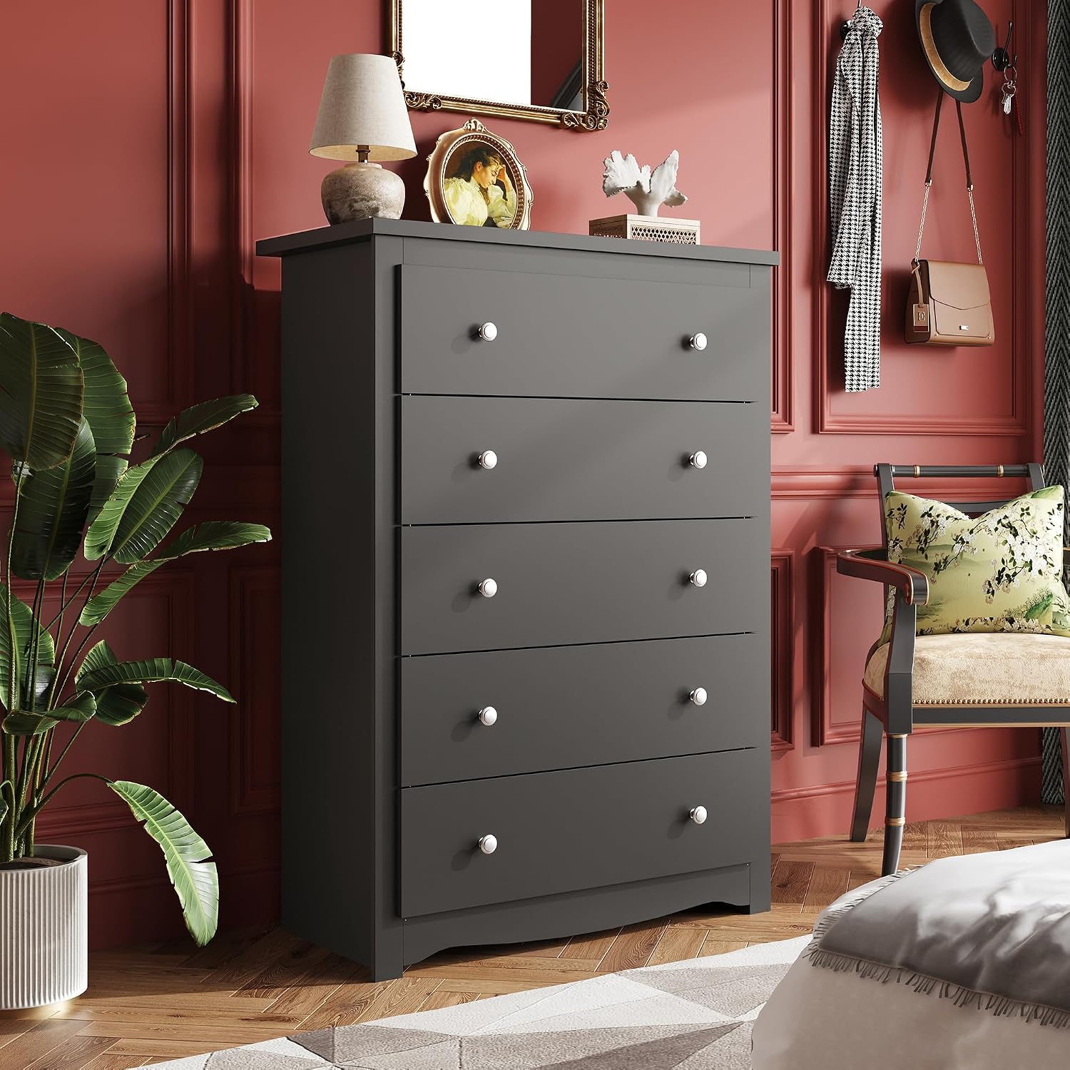 WLIVE Wooden Dresser with 5 Drawers, 45' Tall Black Dresser for Bedroom, Chest of Drawers, Storage Cabinet and Organizer Drawers for Living Room, Hallway, Closet
