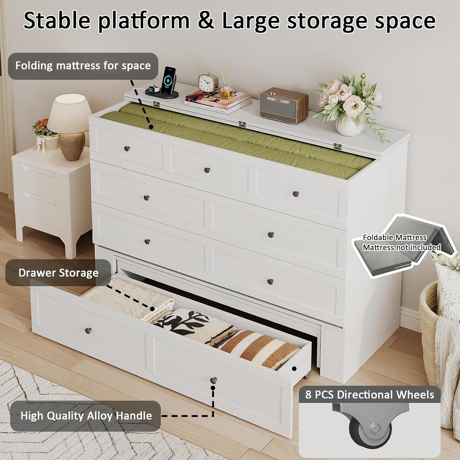 LIVAUVEAD Full Size Murphy Bed with Charging Station & Drawer, Full Size Mobile Cabinet Bed Frame, Murphy Chest Bed for Bedroom, Guest Room