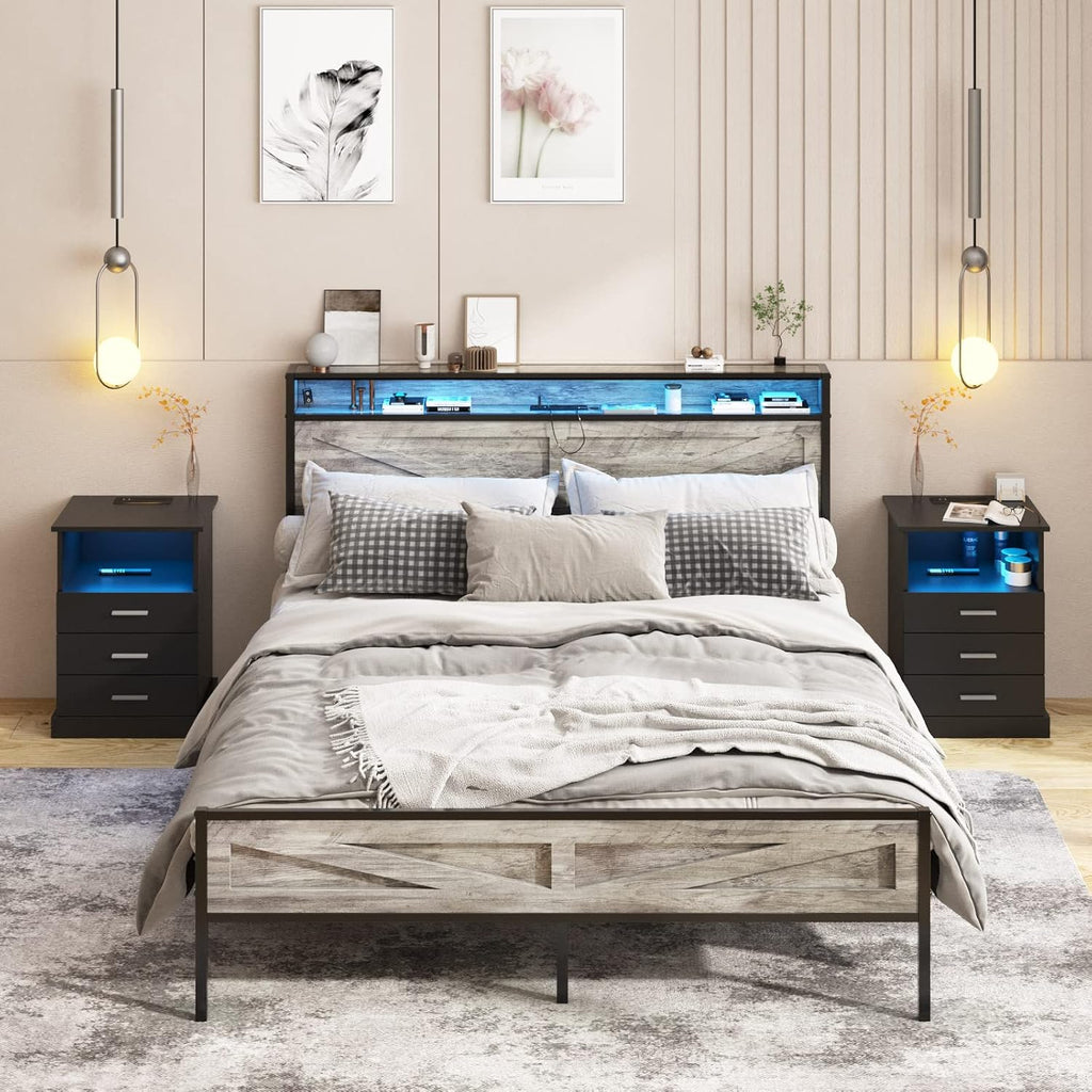 Halitaa LED Full Size Bed Frame with Charging Station, Platform Metal Bed with Headboard Storage & USB Ports Outlets, Farmhouse Bed Frame with Lights for Bedroom, Noise Free, Wash Grey (Full)