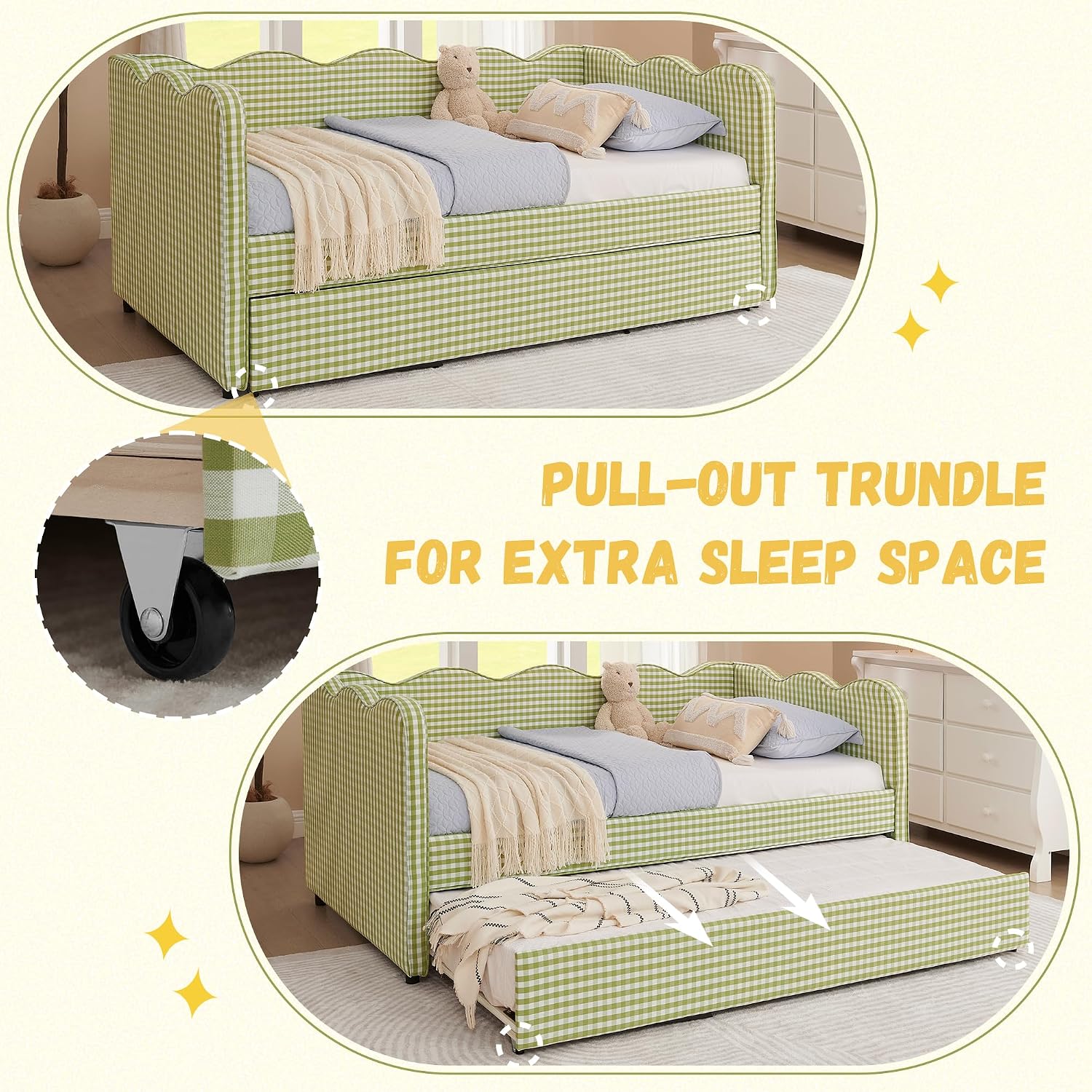 DEINPPA Twin Size Upholstered Daybed with Trundle, Gingham Daybed with USB Ports for Bedroom Living Room Guest Room-Green
