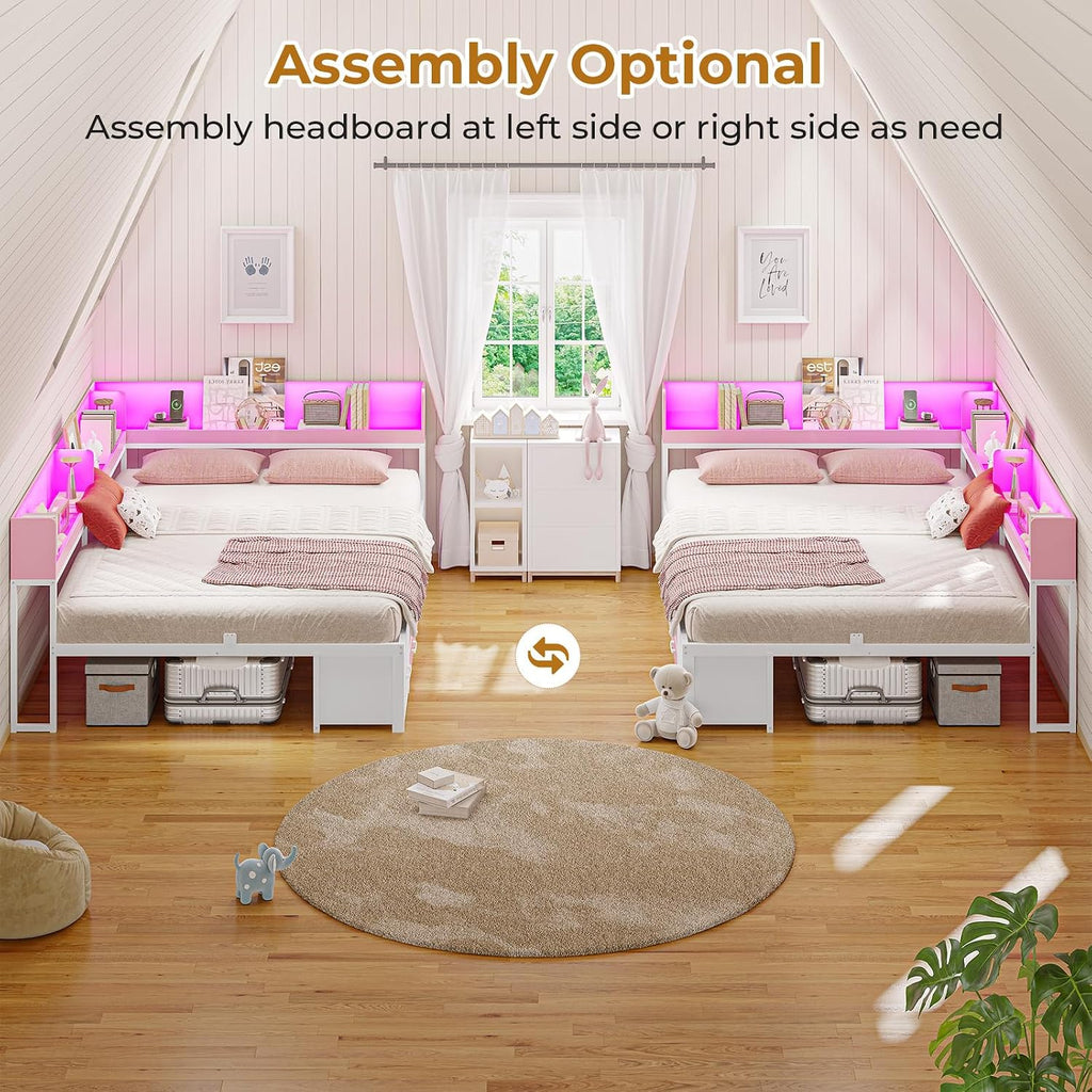 MSmask 14 Inch Corner Bed Frame with Bookcase Storage, Full Daybed with 6 Drawers, Charging Station and LED Light, Full Size Metal Platform Bed Frame for Kids Teenagers, Pink