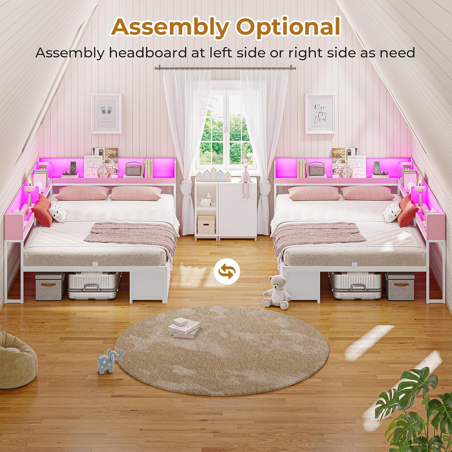MSmask 14 Inch Corner Bed Frame with Bookcase Storage, Full Daybed with 6 Drawers, Charging Station and LED Light, Full Size Metal Platform Bed Frame for Kids Teenagers, Pink