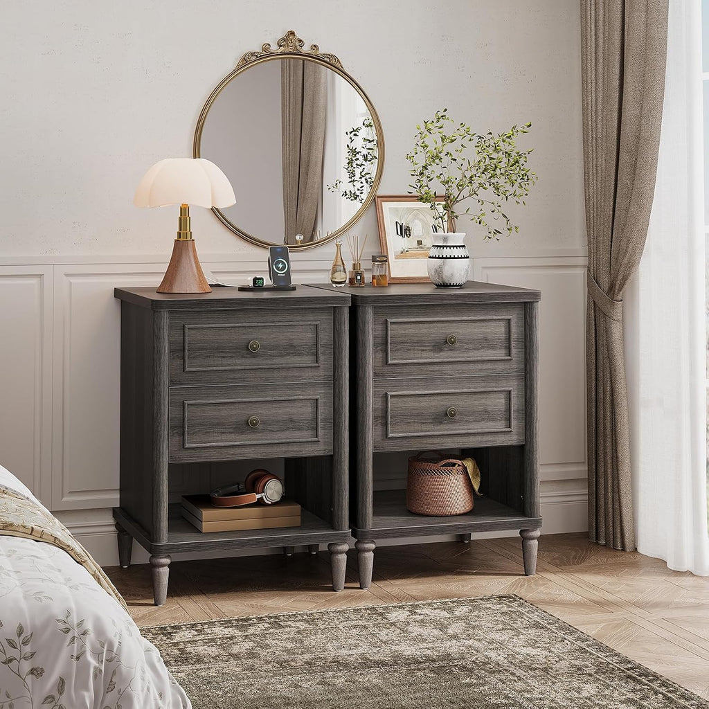 Bestier Nightstand Set of 2, 26.7' Farmhouse Night Stand with Chargeing Station, Wood Modern Nightstand with 2 Drawers & Shelf, Bed Side Table with Outlets & Ports, End Table for Bedroom, Black