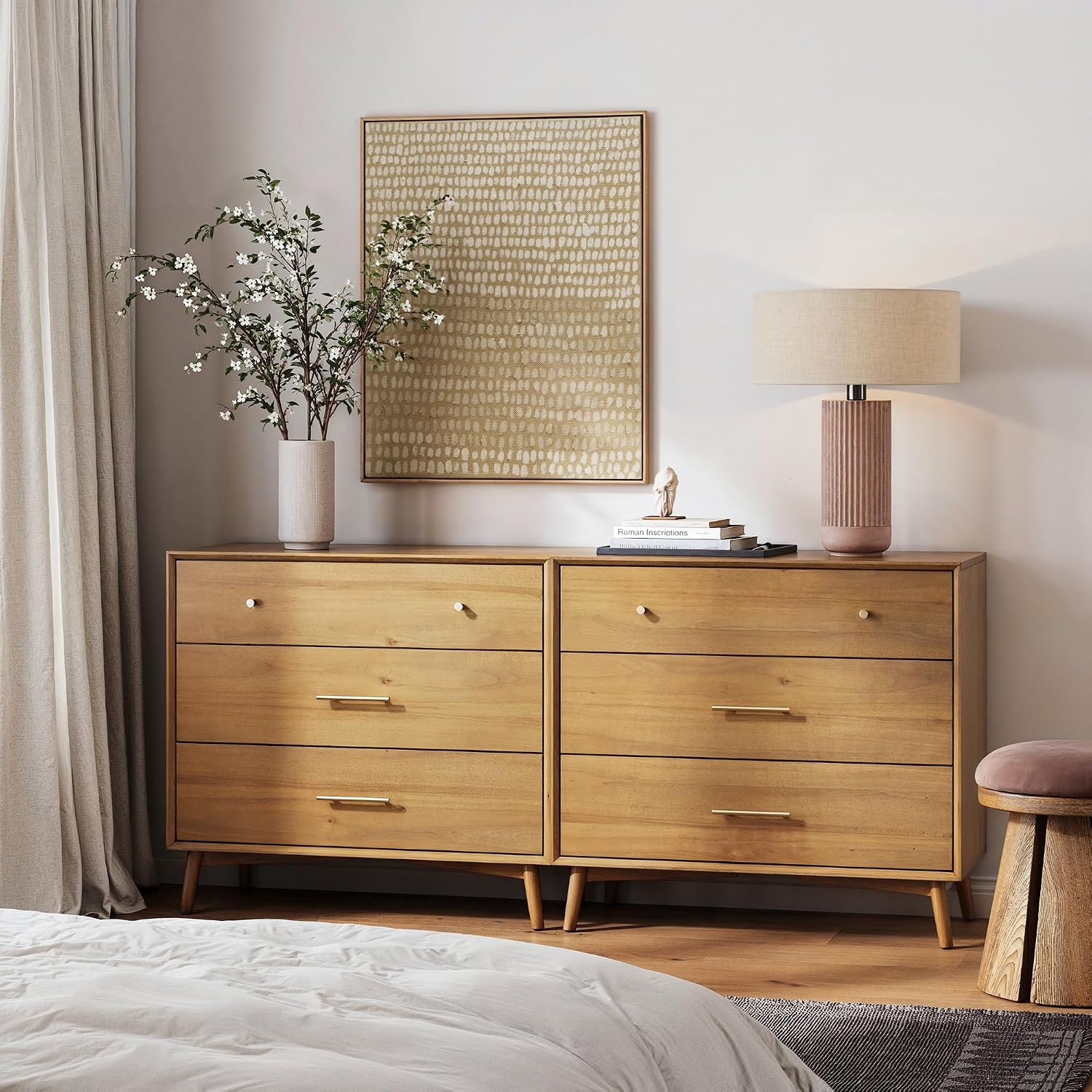 Nathan James Harper Mid Century Modern Dresser, Solid Wood Dresser for Living Room with 3 Drawers and Metal Drawer Pulls, Light Acacia