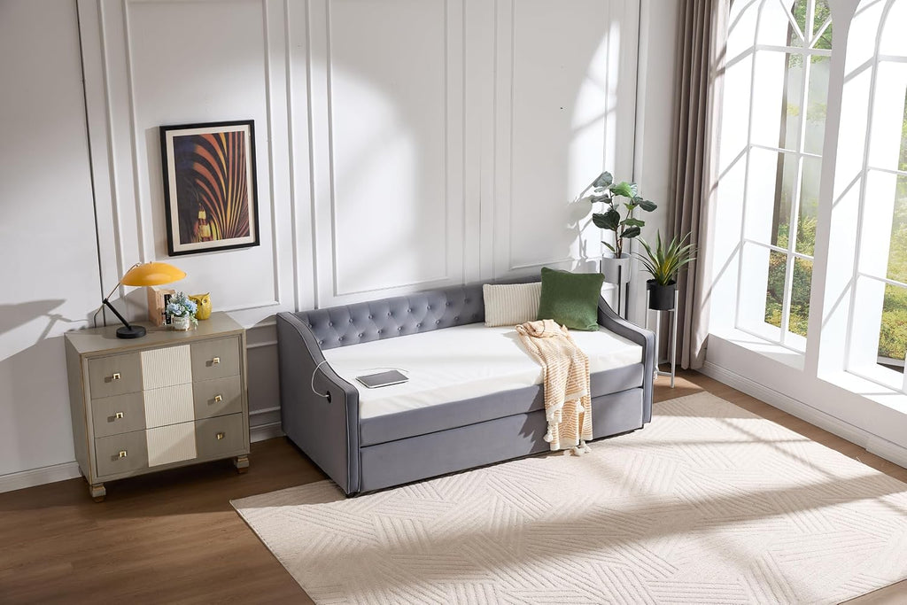 Twin to King Daybed with Trundle, USB Ports Soft Upholstered Daybed with Pop Up Trundle Bed Twin, Modern Extendable Day Bed Frame for Girls Bedroom Living Room Guest Room Small Places Dark Grey