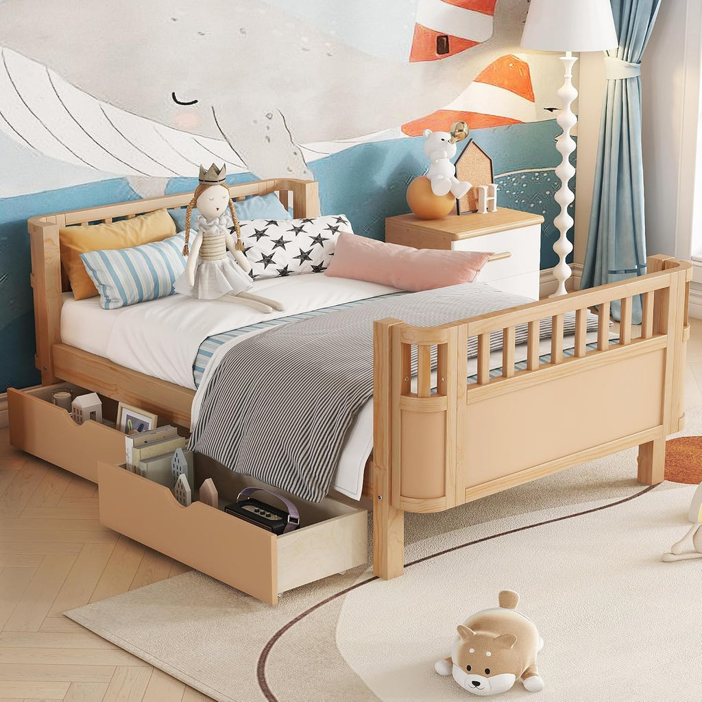 Harper & Bright Designs Twin Size Low Platform Bed Frame, Daybed with Fence and Drawers, Low Profile Bed for Kids Bed Room, Natural